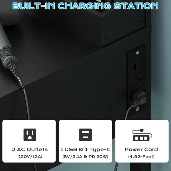 Black particleboard with a 3-compartment, 1-drawer dressing table set with 8 three-tone light bulbs, power strip, and grille series view 5