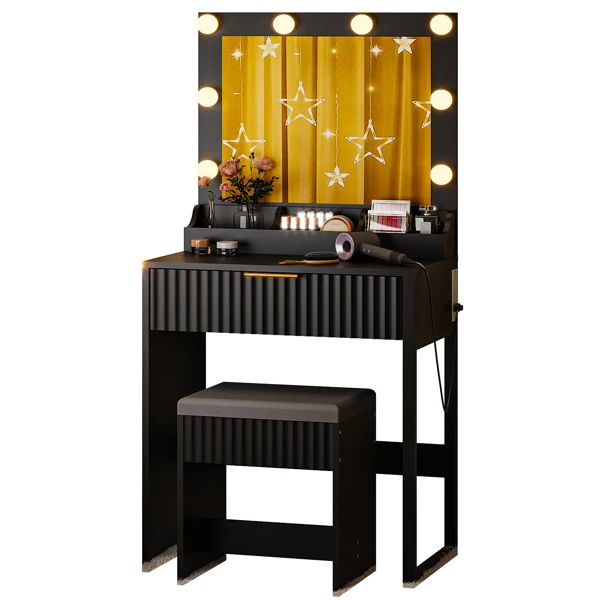 Black particleboard with a 3-compartment, 1-drawer dressing table set with 8 three-tone light bulbs, power strip, and grille series view 6