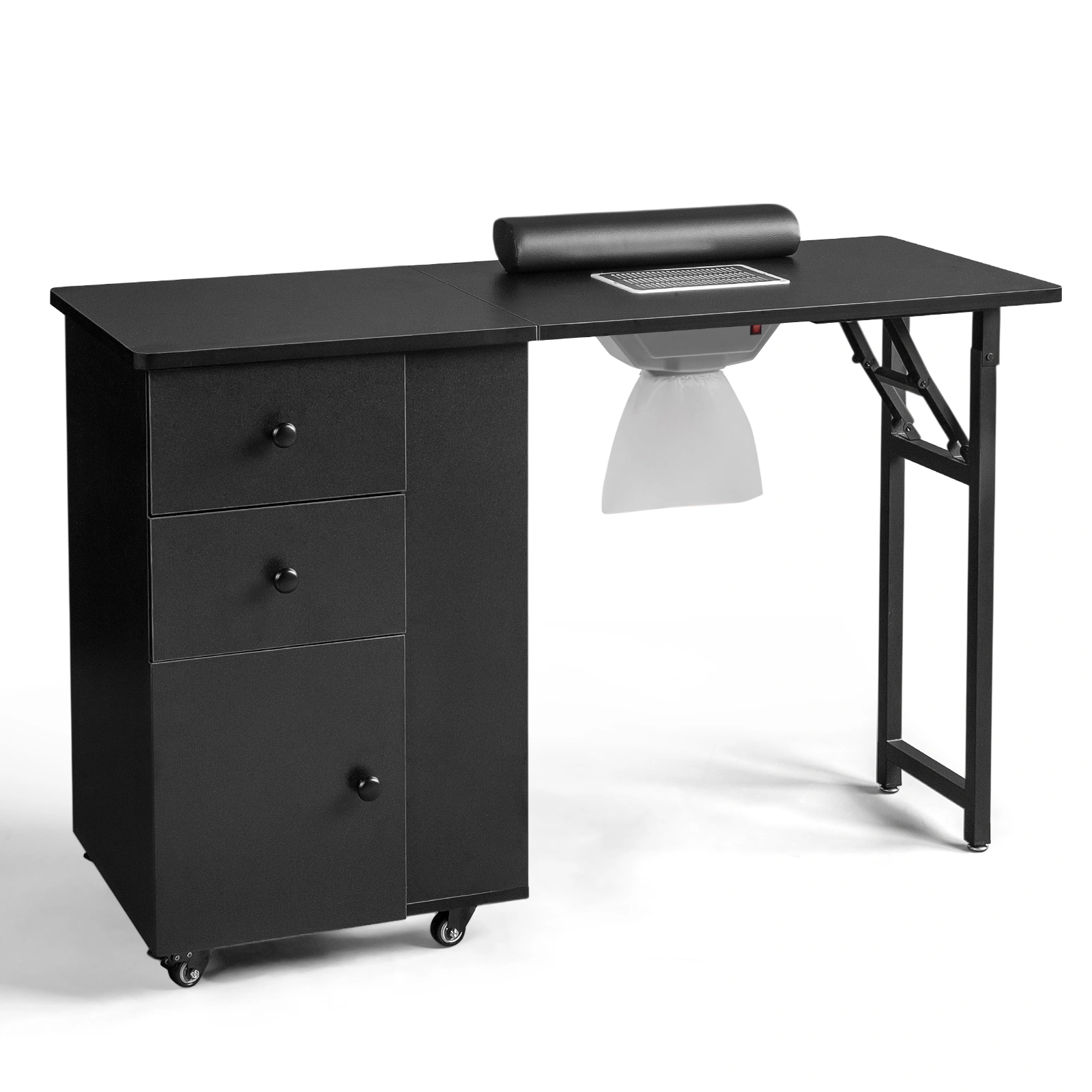 Nail Desk Folding Table, Black MDF Manicure Station w/ 2 Drawers & 1 Door Cabinet for Nail Art Salon Home Beauty