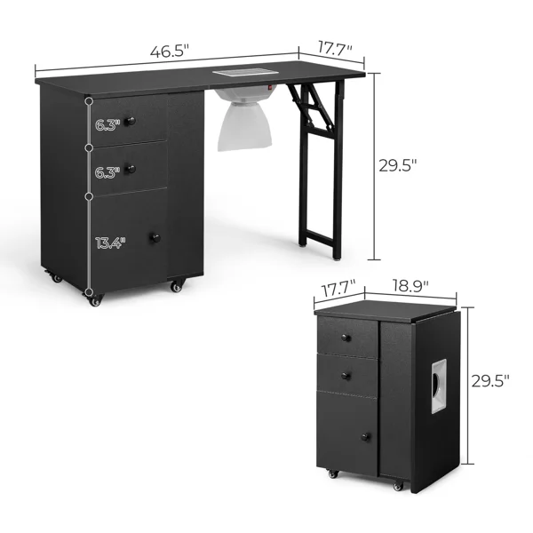 Nail Desk Folding Table, Black MDF Manicure Station w/ 2 Drawers & 1 Door Cabinet for Nail Art Salon Home Beauty view 4
