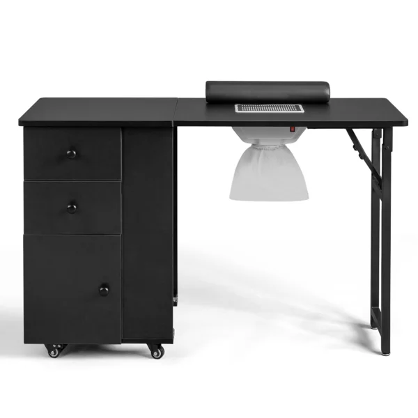 Nail Desk Folding Table, Black MDF Manicure Station w/ 2 Drawers & 1 Door Cabinet for Nail Art Salon Home Beauty view 6