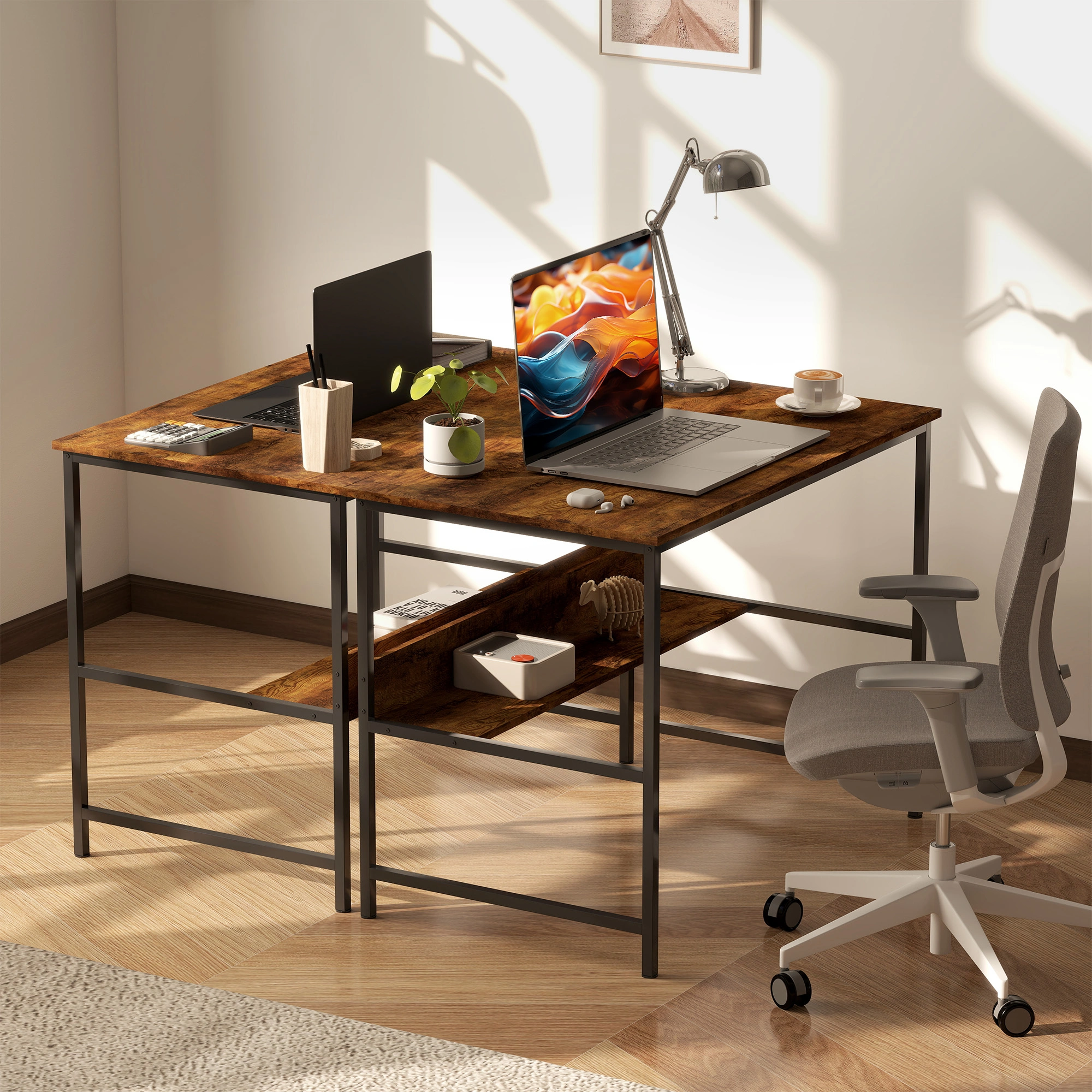 60" Computer Desk with Storage Shelves - 47"x 23" Black Wood Office Workstation for Home Office view 4