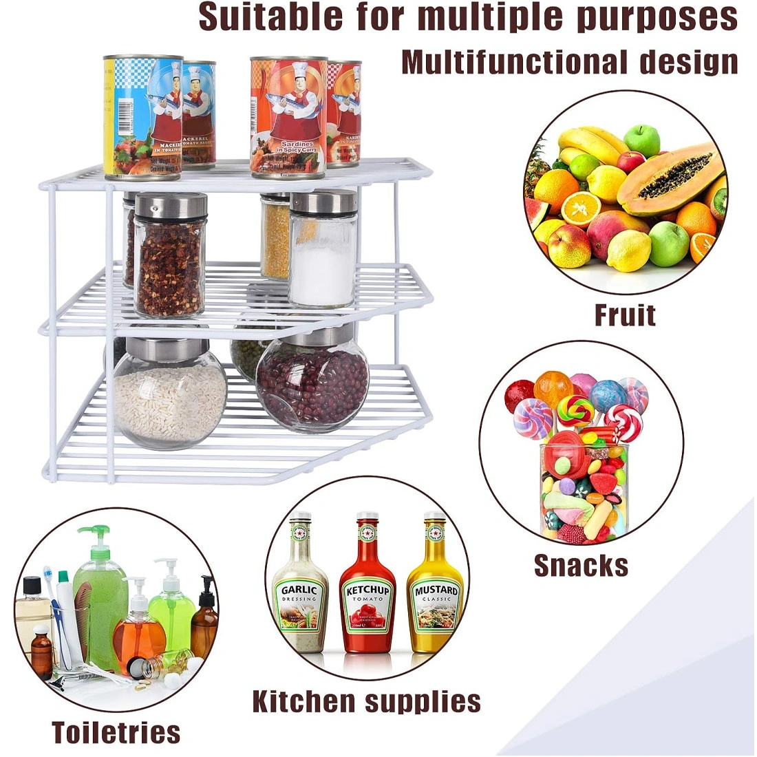 3 Tier Corner Storage Rack - Multifunction Kitchen Cupboard Plate Organizer Tidy-Black view 2