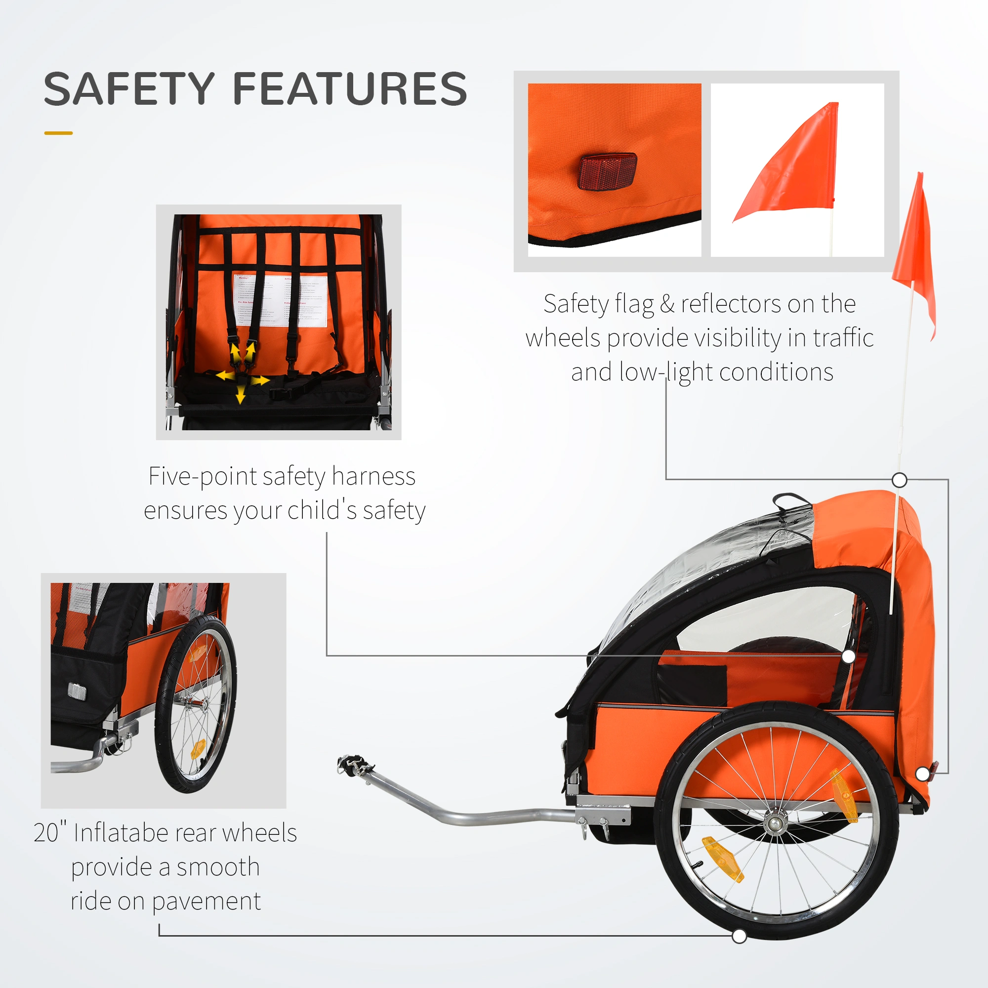 Heavy Duty Bicycle Trailer Cart for Kids & Pets, Foldable Bike Cart with Safety Harness, 100lb Capacity, Black Steel Frame, Universal Fit for Most Bicycles view 3