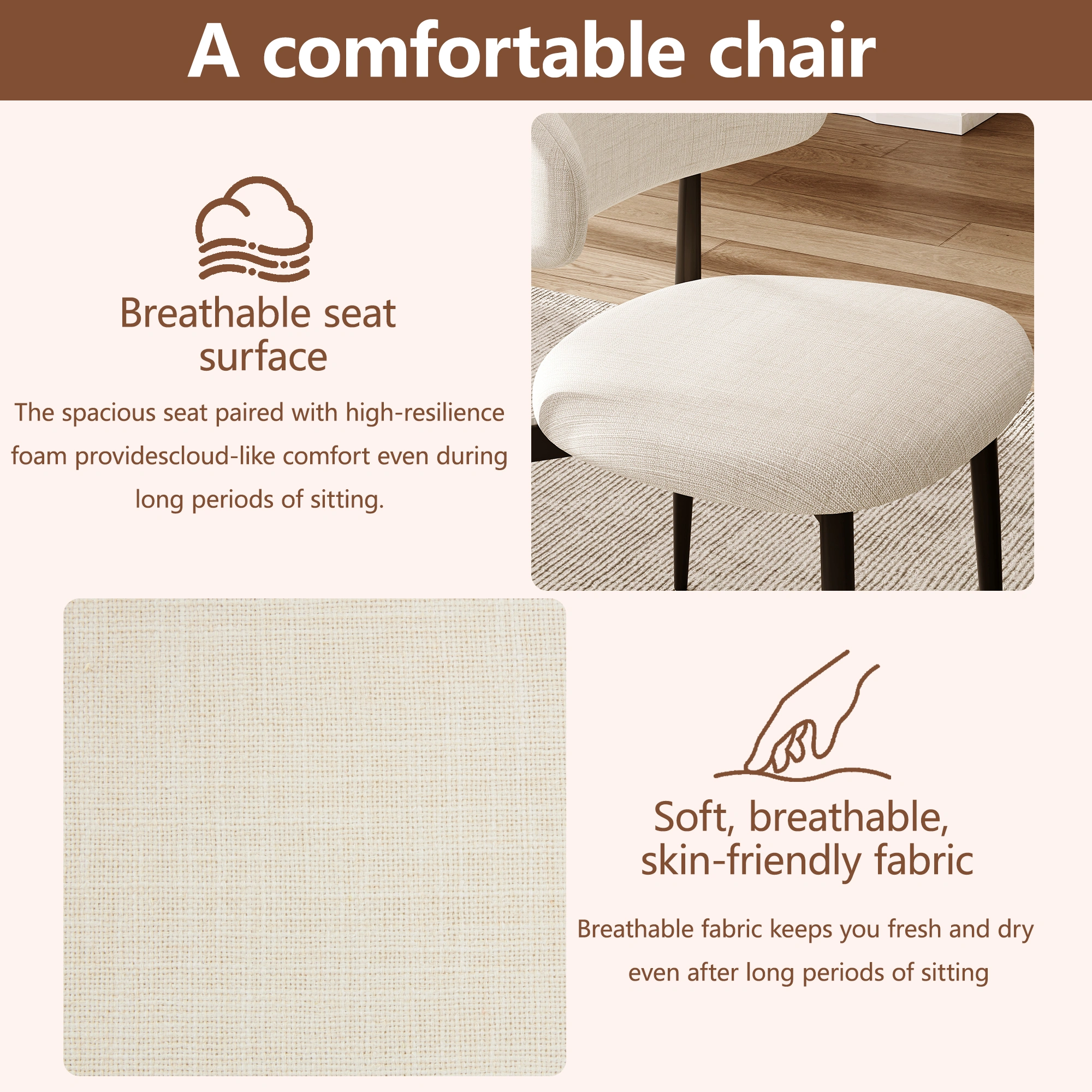 Set of 2 Dining Chairs Metal Kitchen Chair Modern Fabric Upholstered Seat Beige Accent Chair for Dining Room Cafe view 2