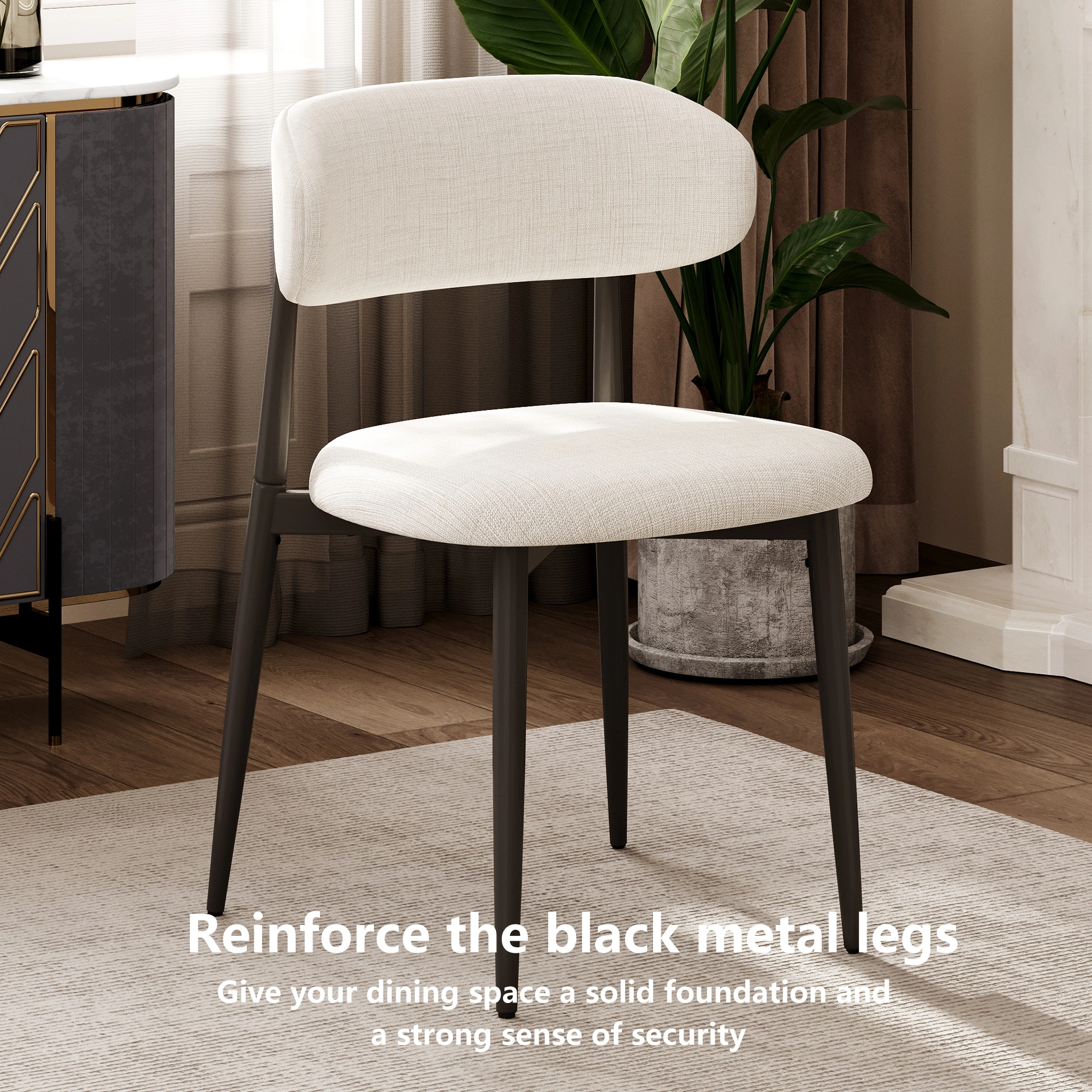 Set of 2 Dining Chairs Metal Kitchen Chair Modern Fabric Upholstered Seat Beige Accent Chair for Dining Room Cafe view 3