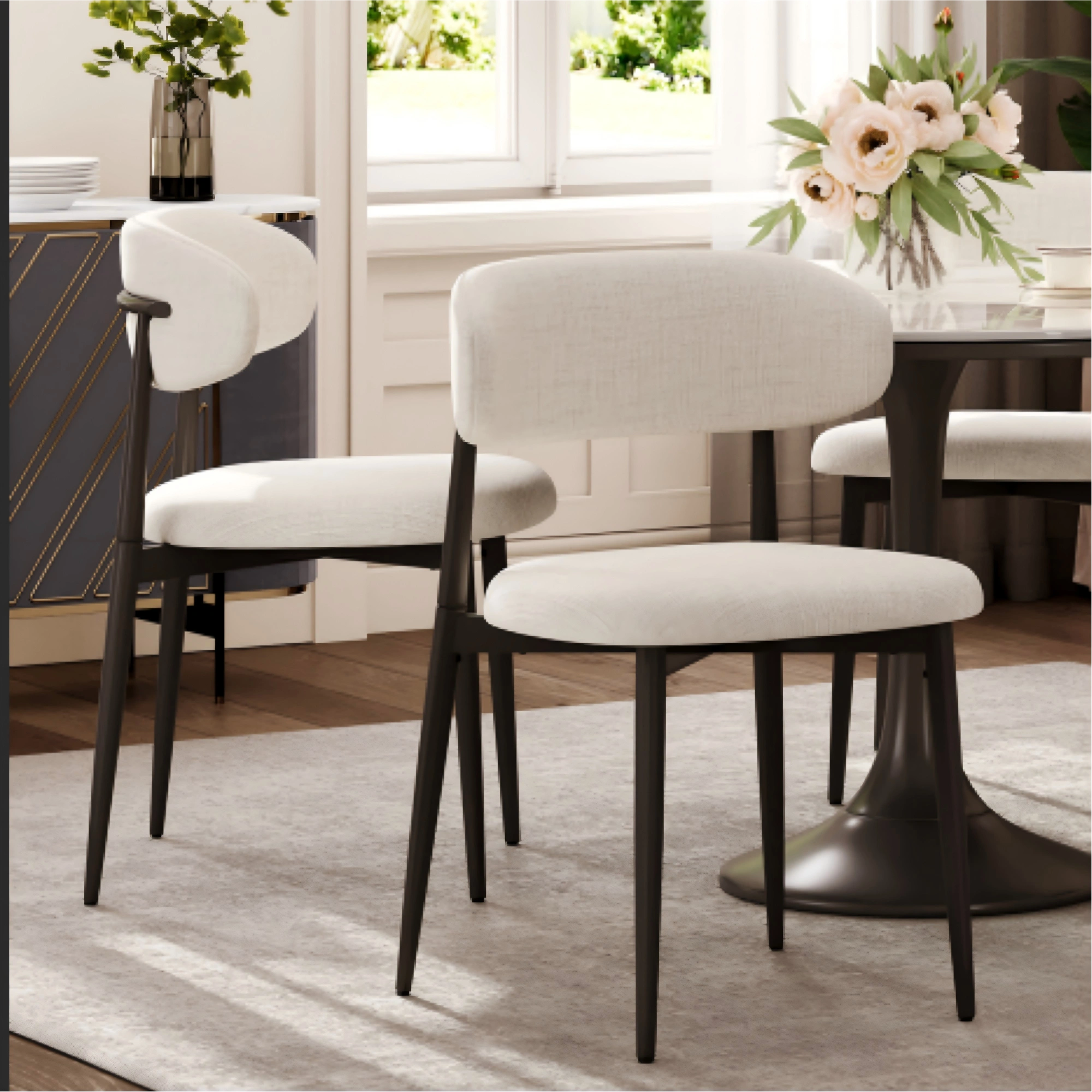 Set of 2 Dining Chairs Metal Kitchen Chair Modern Fabric Upholstered Seat Beige Accent Chair for Dining Room Cafe view 9