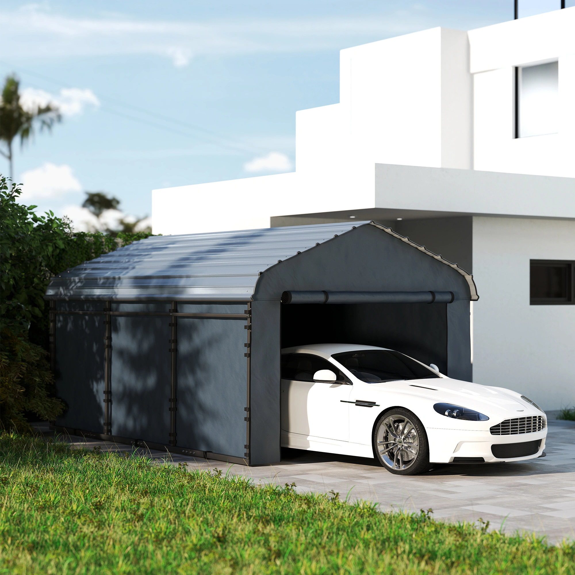 All-Weather Metal Carport Shelter - 2-Bay Vehicle Cover w/ Waterproof Roof, Easy Assembly, Garage Alternative
