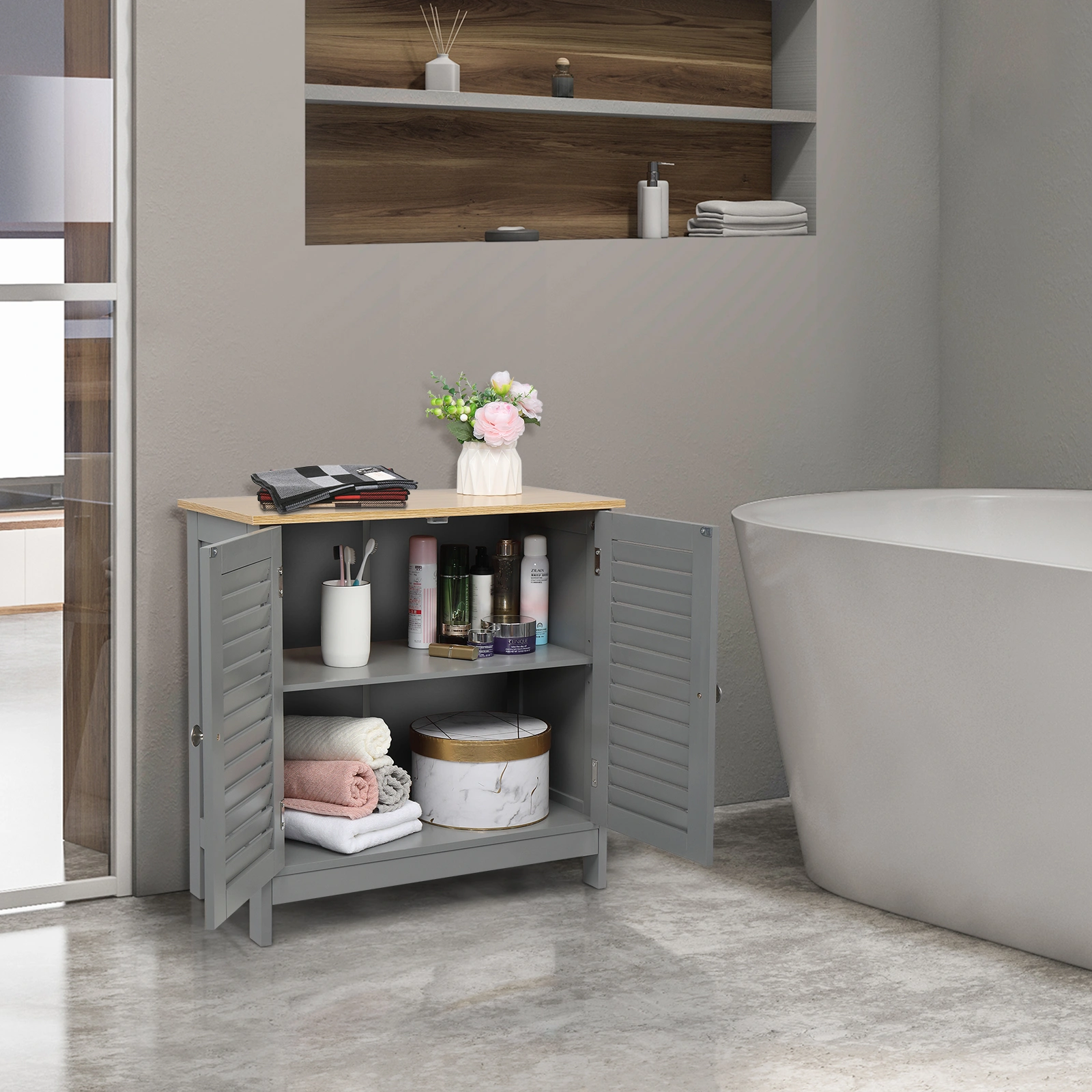 Gray MDF Bathroom Cabinet, 2-Door Wall-Mount Storage Cupboard, Spray-Painted Finish Moisture-Resistant Vanity Organizer view 2