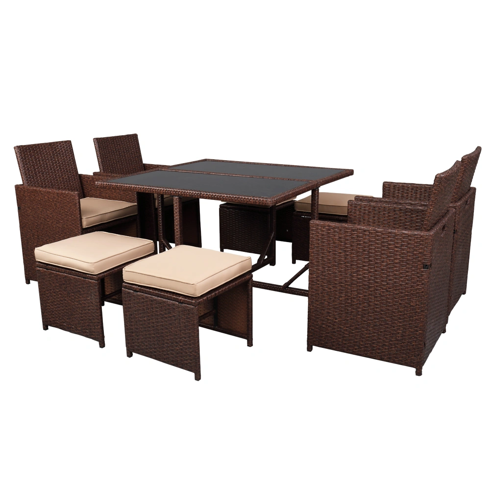 9 Piece PE Wicker Rattan Patio Dining Set with Tempered Glass Table Wood Grain Outdoor Furniture Carton 2 view 2