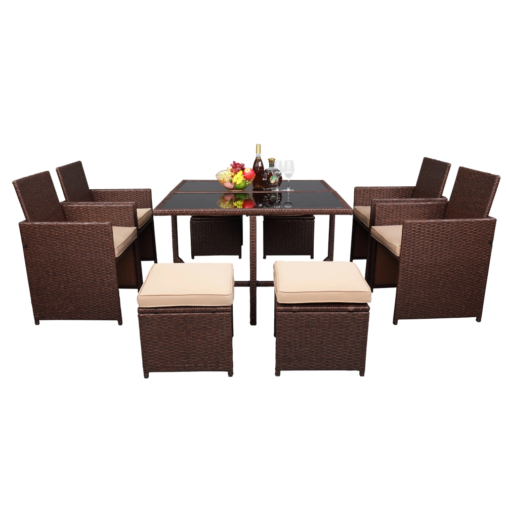 9 Piece PE Wicker Rattan Patio Dining Set with Tempered Glass Table Wood Grain Outdoor Furniture Carton 2 view 3