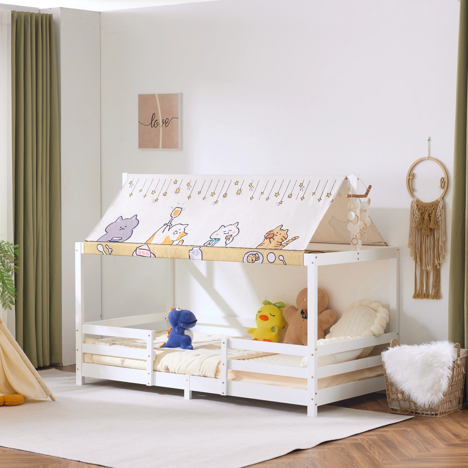 White Painted Pine Children's Bed with Canopy Roof Design view 2