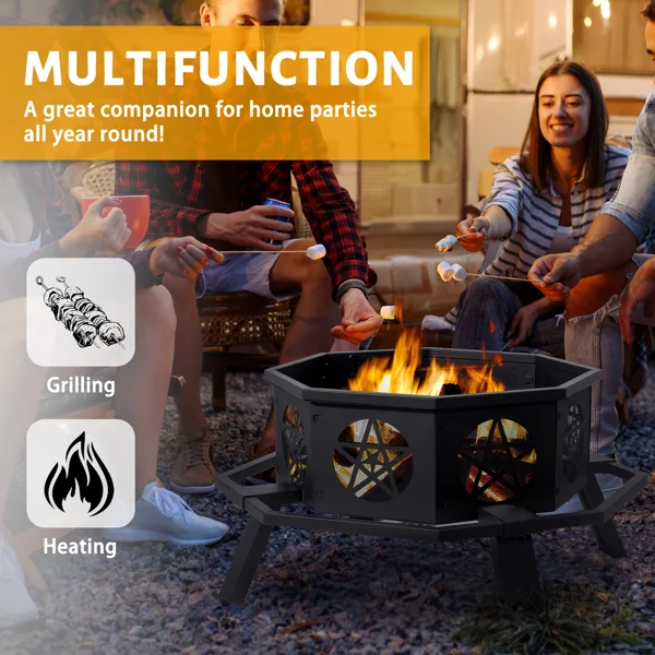 35 Inch Octagonal Wood Burning Fire Pit, Black Wrought Iron Fire Bowl with Foot Pedal and Star Cutout Vents, Flat Pack Design view 2
