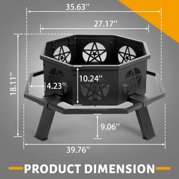 35 Inch Octagonal Wood Burning Fire Pit, Black Wrought Iron Fire Bowl with Foot Pedal and Star Cutout Vents, Flat Pack Design view 4