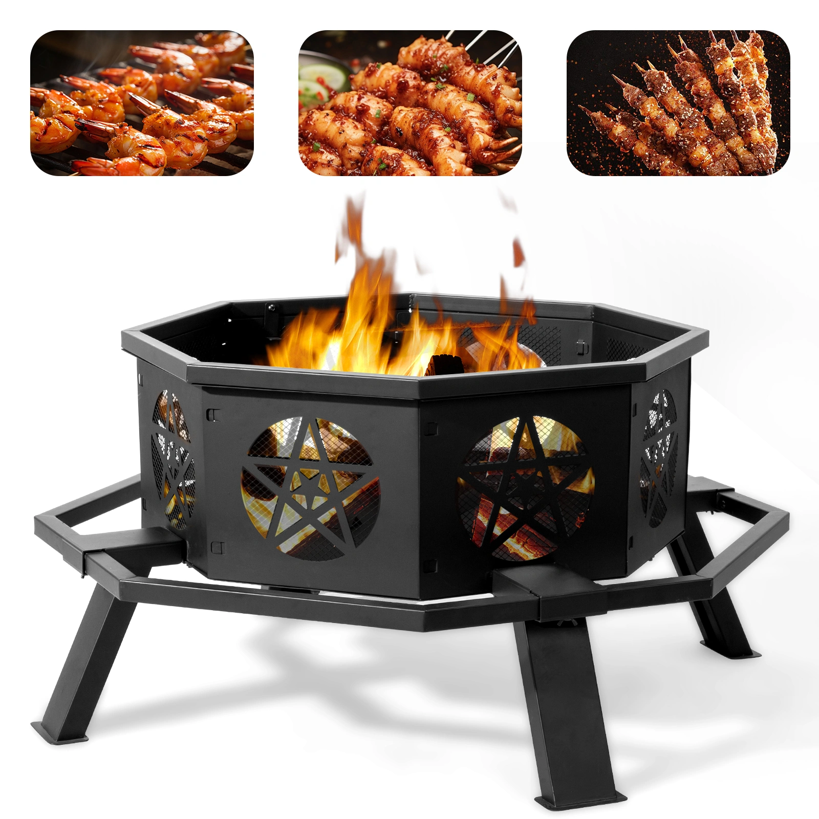 35 Inch Octagonal Wood Burning Fire Pit, Black Wrought Iron Fire Bowl with Foot Pedal and Star Cutout Vents, Flat Pack Design