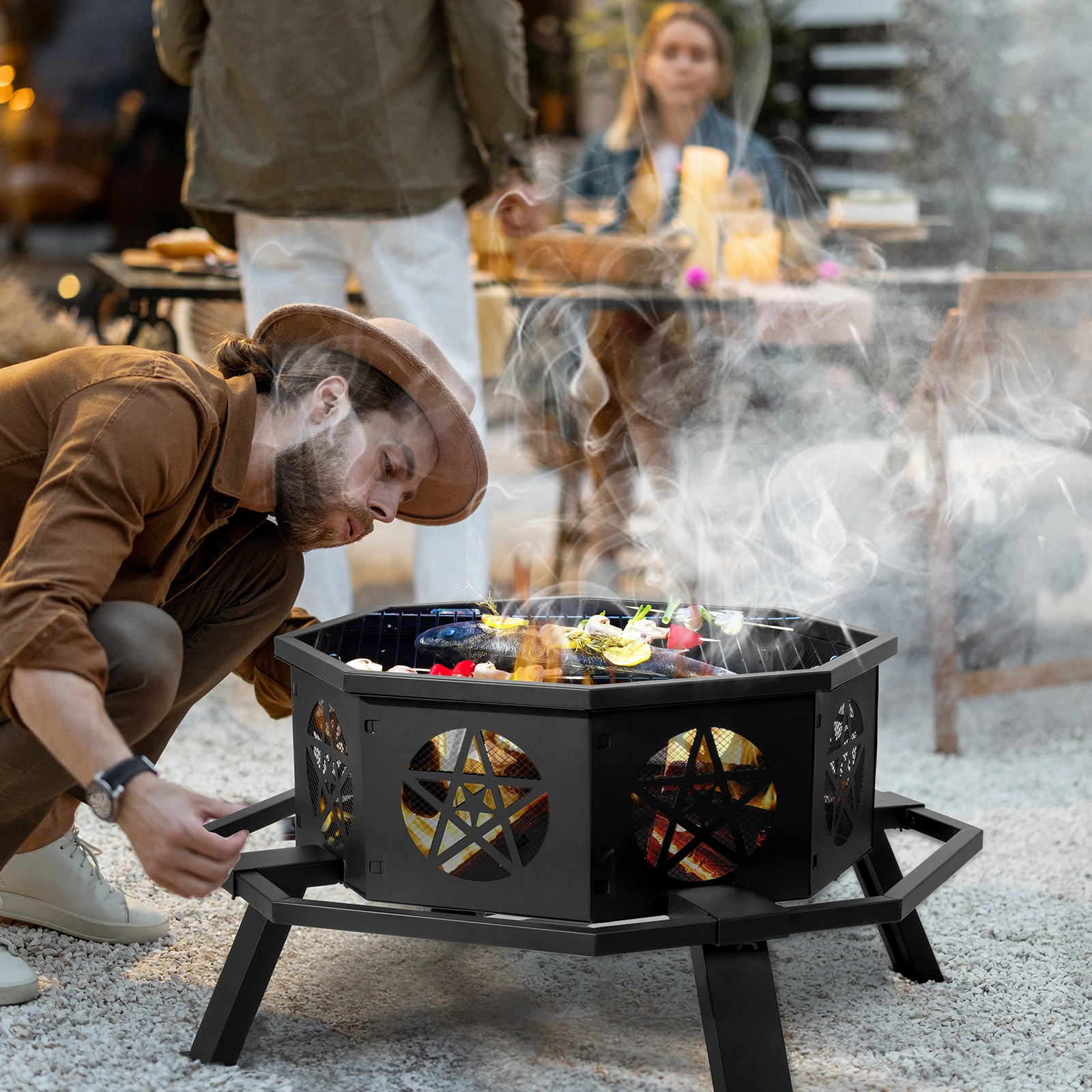 35 Inch Octagonal Wood Burning Fire Pit, Black Wrought Iron Fire Bowl with Foot Pedal and Star Cutout Vents, Flat Pack Design view 12