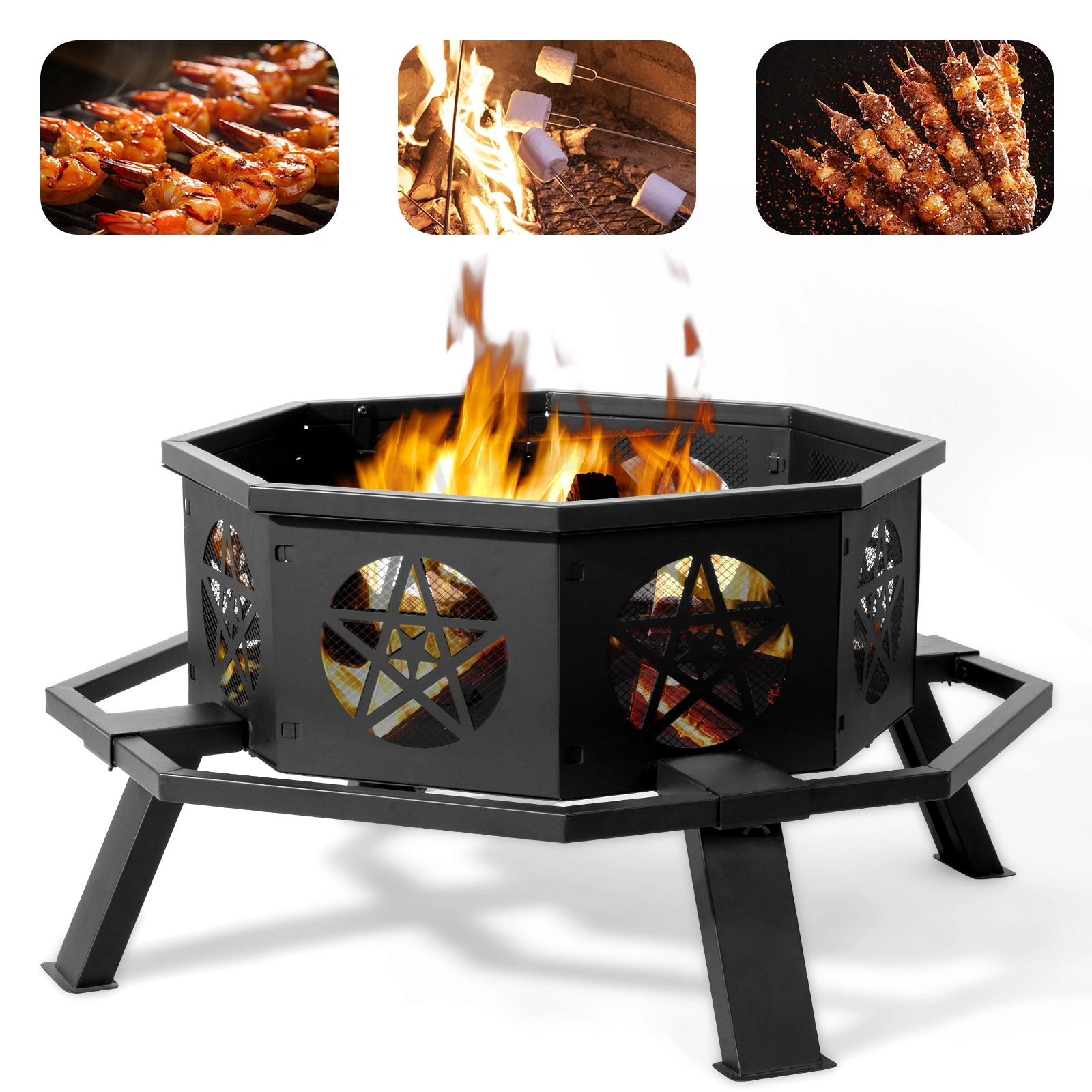 35 Inch Octagonal Wood Burning Fire Pit, Black Wrought Iron Fire Bowl with Foot Pedal and Star Cutout Vents, Flat Pack Design view 13