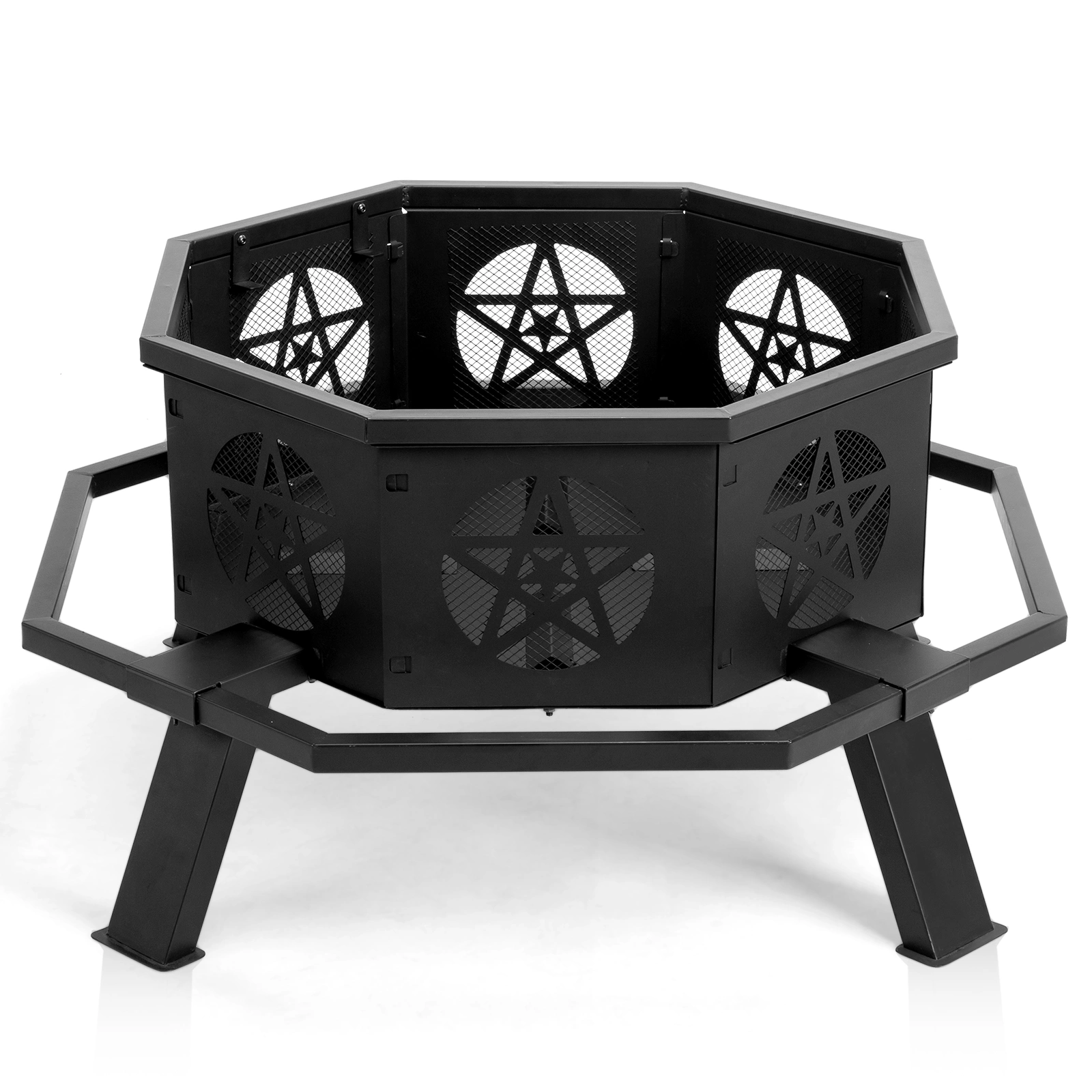 35 Inch Octagonal Wood Burning Fire Pit, Black Wrought Iron Fire Bowl with Foot Pedal and Star Cutout Vents, Flat Pack Design view 15