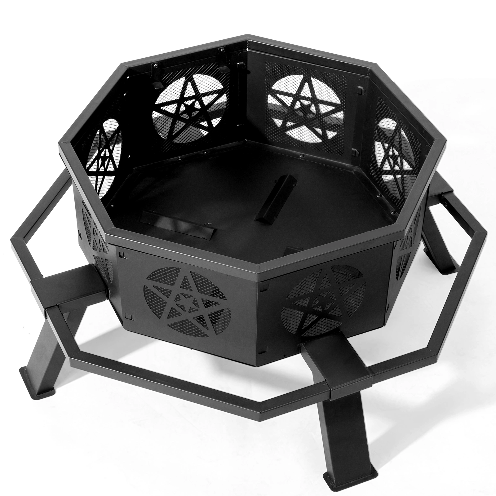 35 Inch Octagonal Wood Burning Fire Pit, Black Wrought Iron Fire Bowl with Foot Pedal and Star Cutout Vents, Flat Pack Design view 17