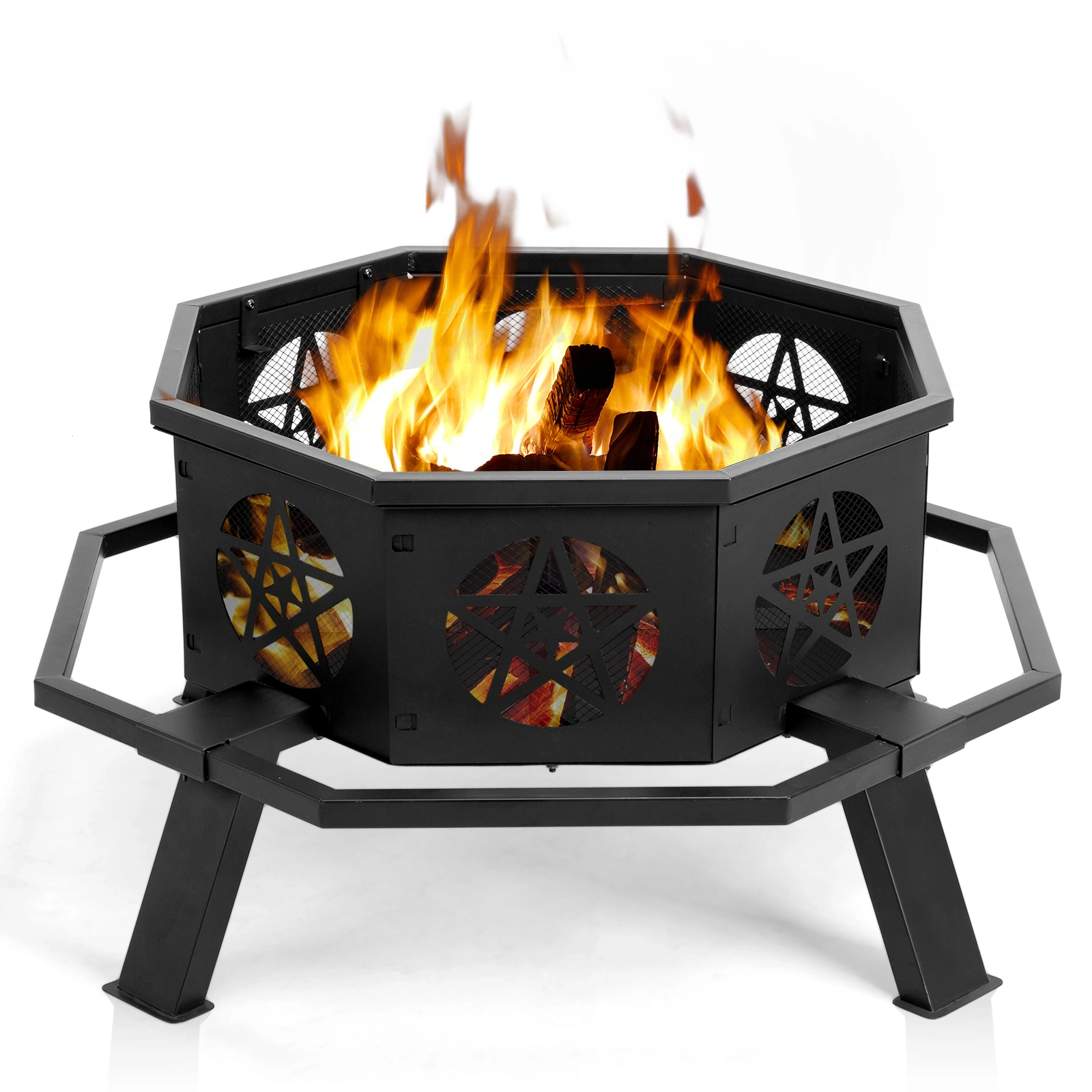 35 Inch Octagonal Wood Burning Fire Pit, Black Wrought Iron Fire Bowl with Foot Pedal and Star Cutout Vents, Flat Pack Design view 18