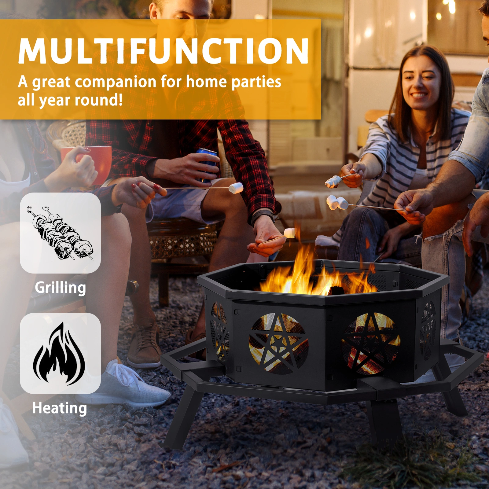 35 Inch Octagonal Wood Burning Fire Pit, Black Wrought Iron Fire Bowl with Foot Pedal and Star Cutout Vents, Flat Pack Design view 2