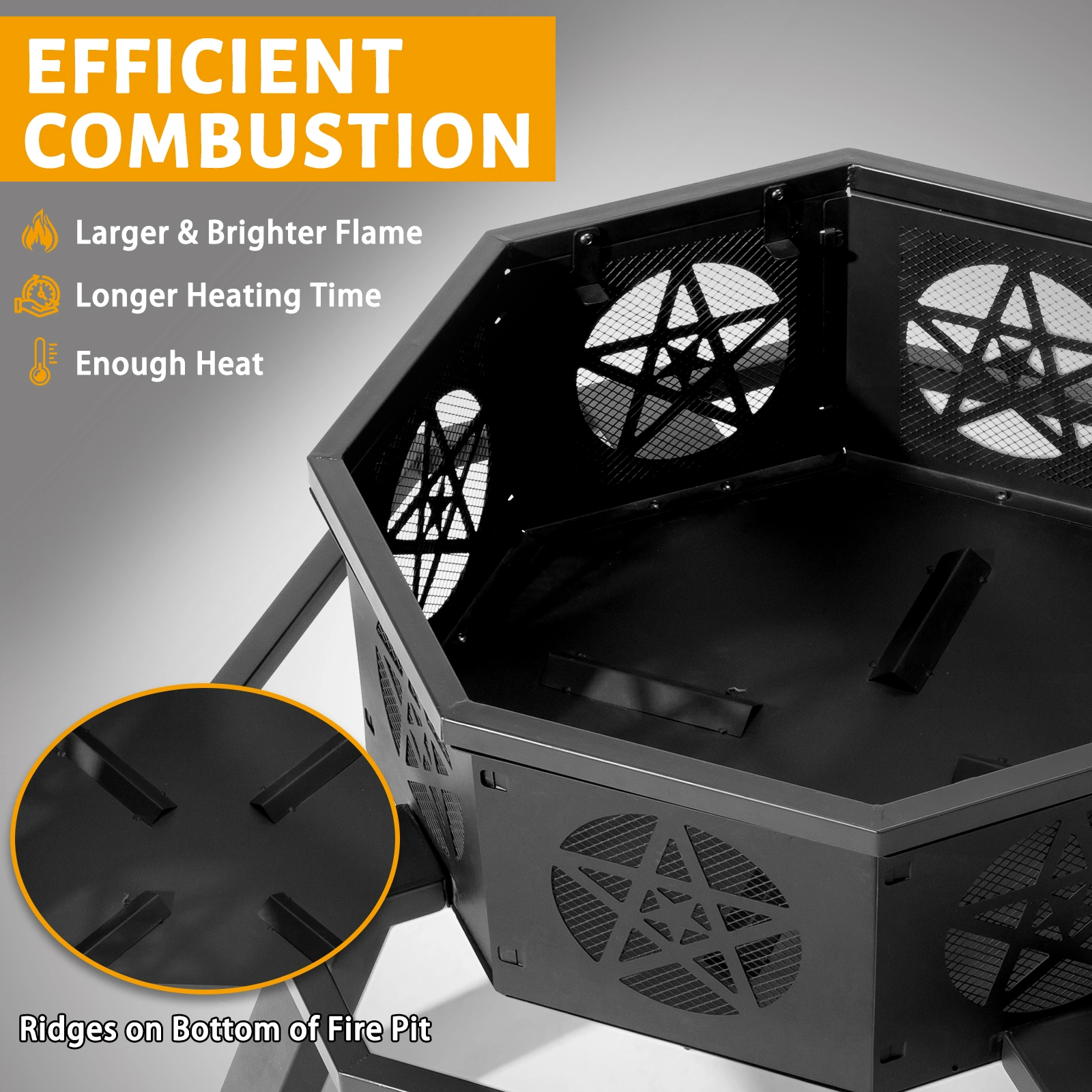 35 Inch Octagonal Wood Burning Fire Pit, Black Wrought Iron Fire Bowl with Foot Pedal and Star Cutout Vents, Flat Pack Design view 5