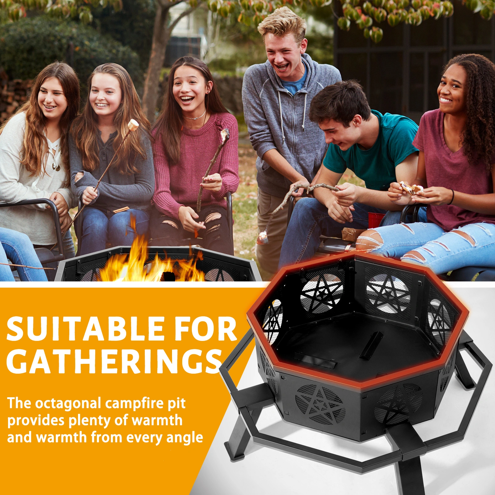 35 Inch Octagonal Wood Burning Fire Pit, Black Wrought Iron Fire Bowl with Foot Pedal and Star Cutout Vents, Flat Pack Design view 7