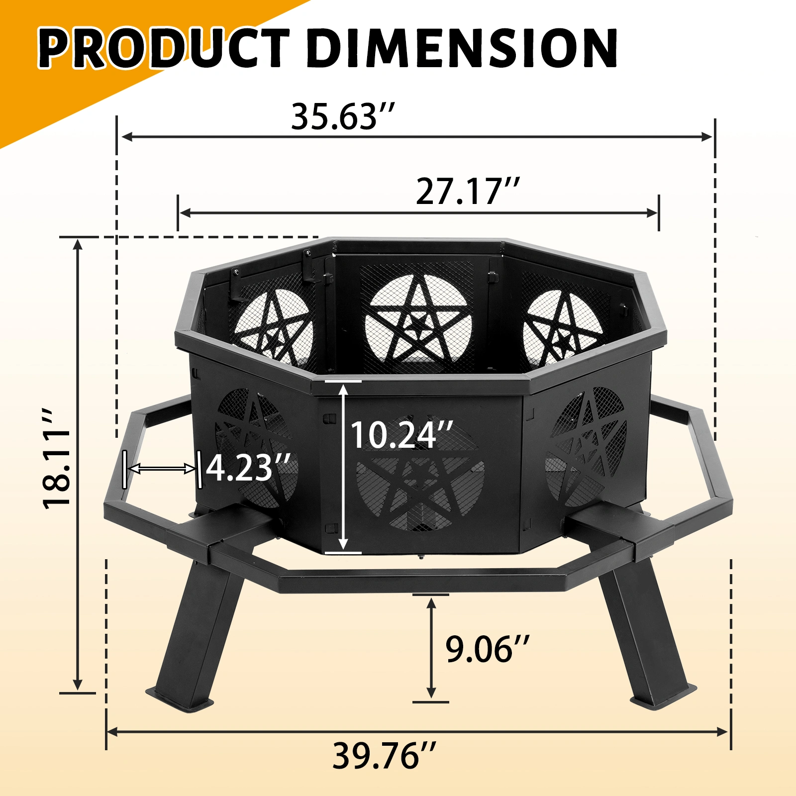 35 Inch Octagonal Wood Burning Fire Pit, Black Wrought Iron Fire Bowl with Foot Pedal and Star Cutout Vents, Flat Pack Design view 8