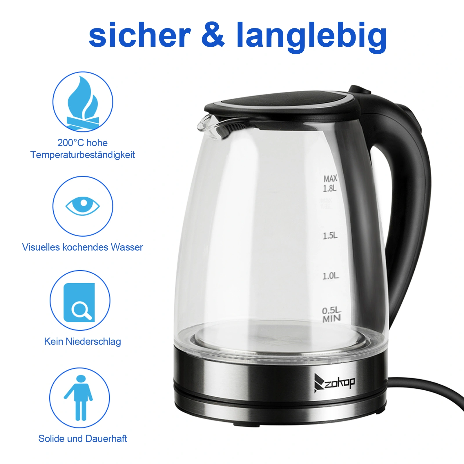 HD-1857-A 2200W 1.8L Electric Glass Kettle with EU Plug Fast Boiling Water Heater view 3