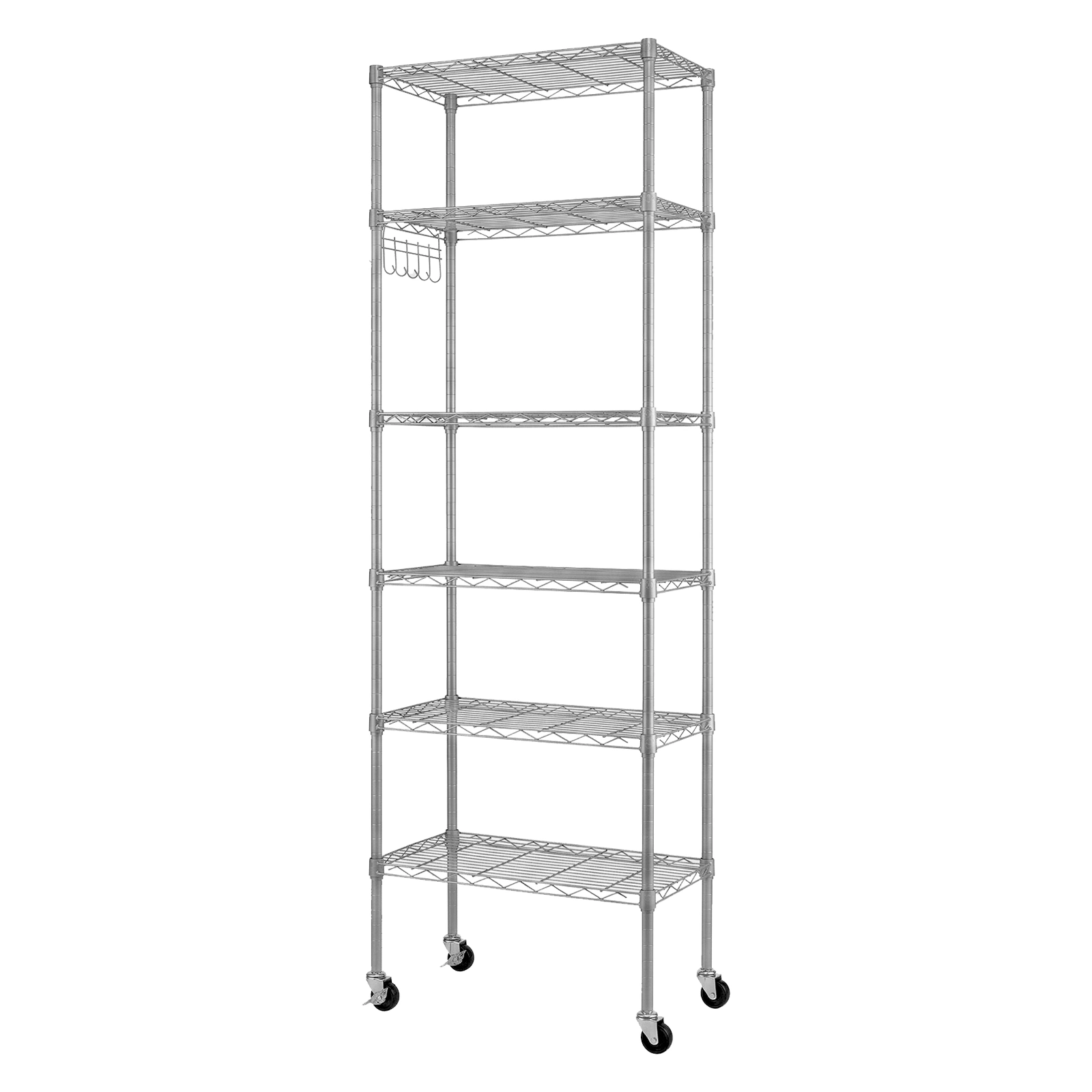 6-layer display rack with adjustable layer spacing, freely combinable and detachable, featuring a row of 6 side hooks, adjustable feet and wheels. Made of iron, 55*30*165cm, powder-coated silver-gray view 3