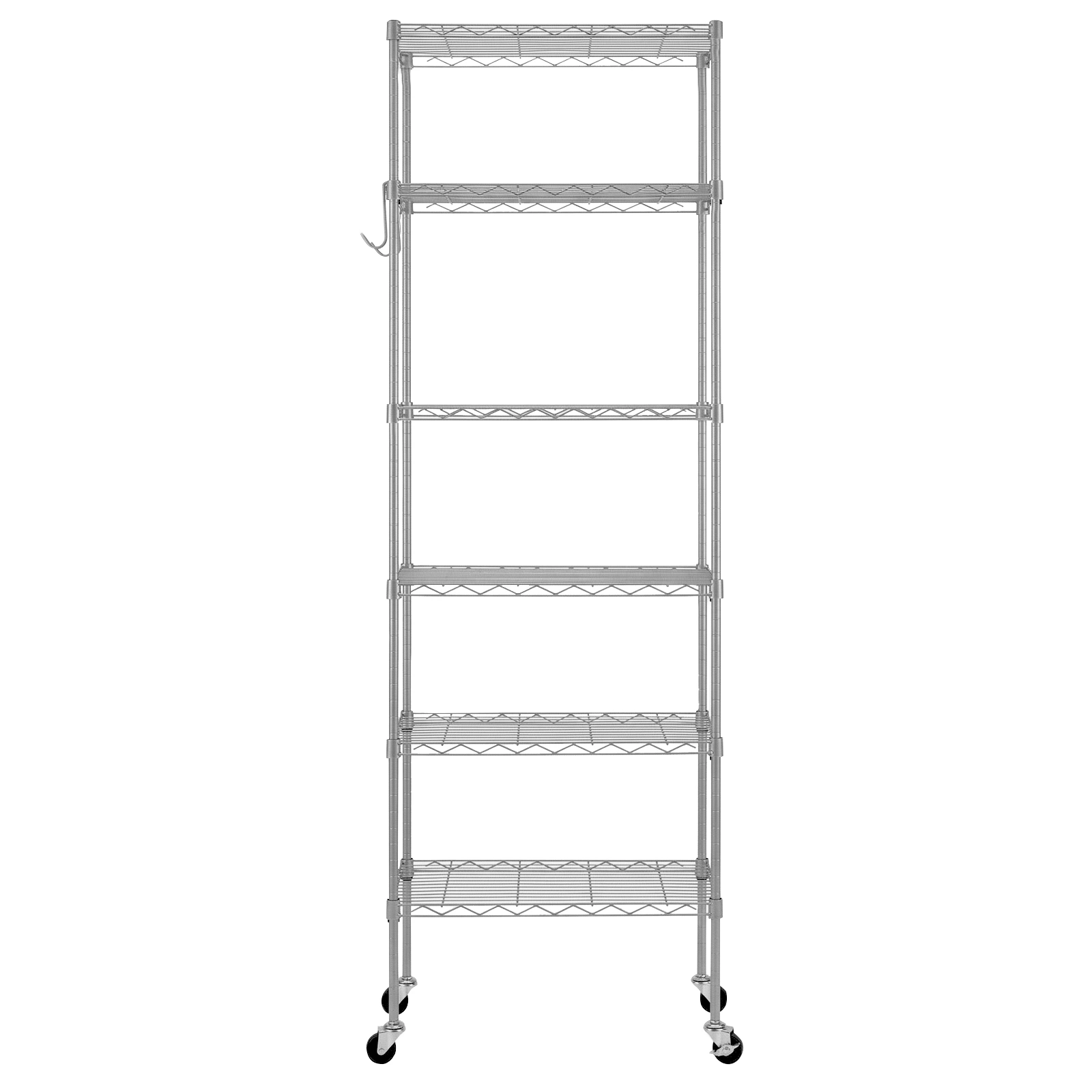 6-layer display rack with adjustable layer spacing, freely combinable and detachable, featuring a row of 6 side hooks, adjustable feet and wheels. Made of iron, 55*30*165cm, powder-coated silver-gray view 4