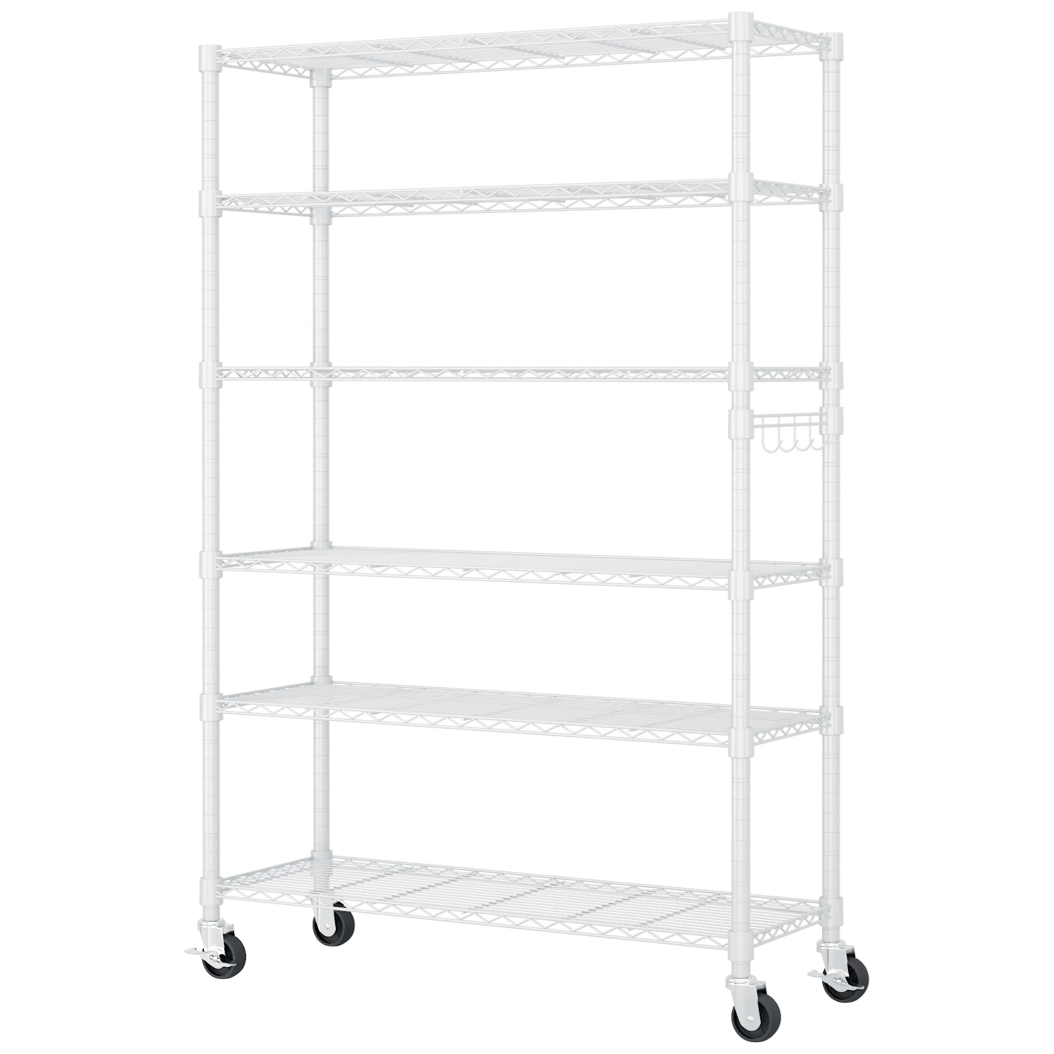 Six-layer, freely removable display stand with one row of side hooks, adjustable feet and wheels, iron, 117*45*208cm, powder-coated white view 2