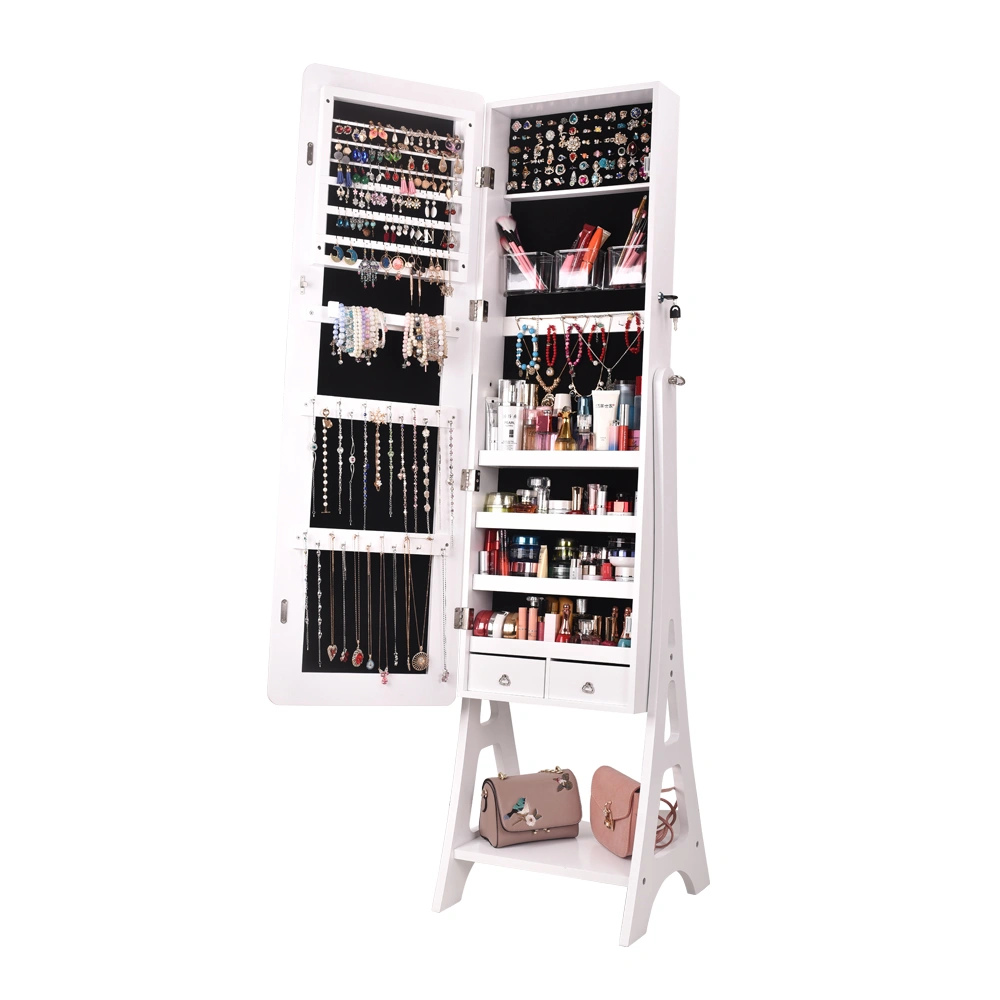 Floor Standing Full Length Makeup Mirror Cabinet, 2-Door 4-Layer Storage, White Painted Jewelry Armoire with Full Mirror
