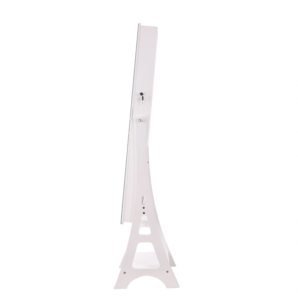 Floor Standing Full Length Makeup Mirror Cabinet, 2-Door 4-Layer Storage, White Painted Jewelry Armoire with Full Mirror view 3