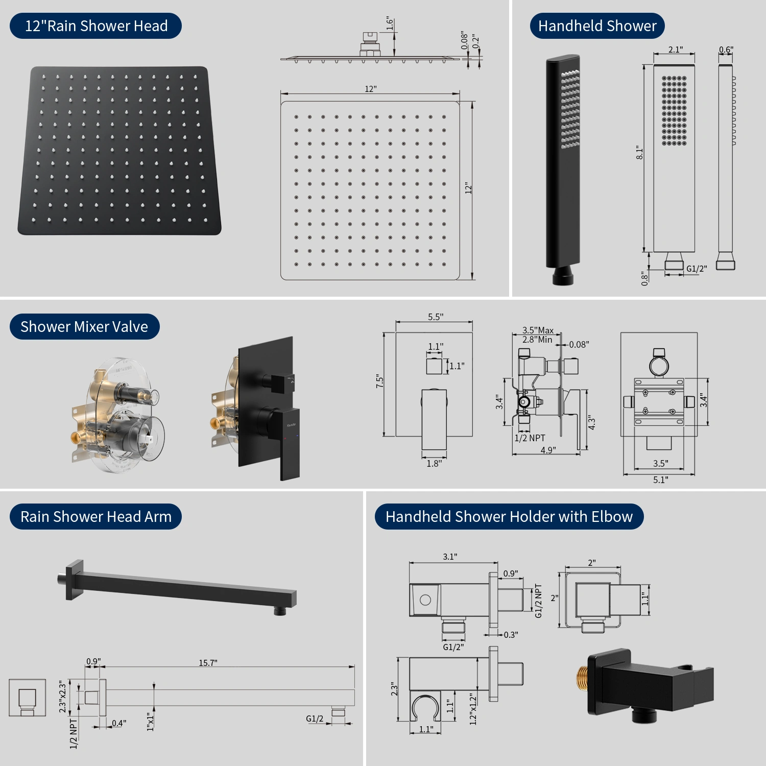 Male NPT Matte Black Shower System, Shower Faucet Set for Bathroom Shower Fixtures with 12 Inch Rain Shower Head and Handheld[Unable ship on weekends, TK/TEMU only for pickup, only TX10643 warehouse supports GOFO] view 5