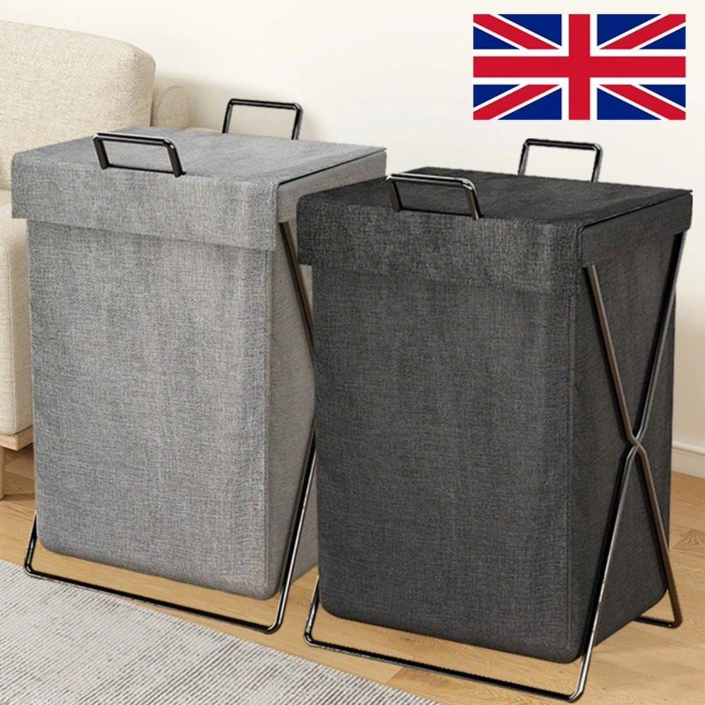 Folding Laundry Basket Hamper with Lid, Large Clothes Storage Bin Bag for Dirty Washing - Grey view 2