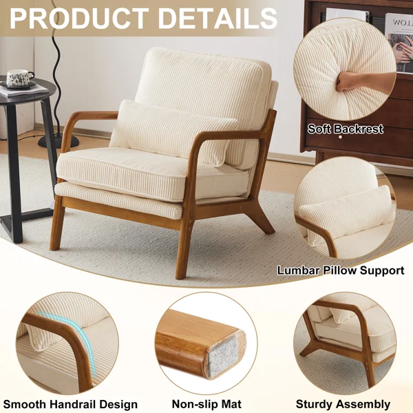Low Arm Accent Chair - Off-White Corduroy Upholstered Indoor Lounge Chair, Compact Single Seater with Sturdy Frame (330LBS Weight Capacity) view 3