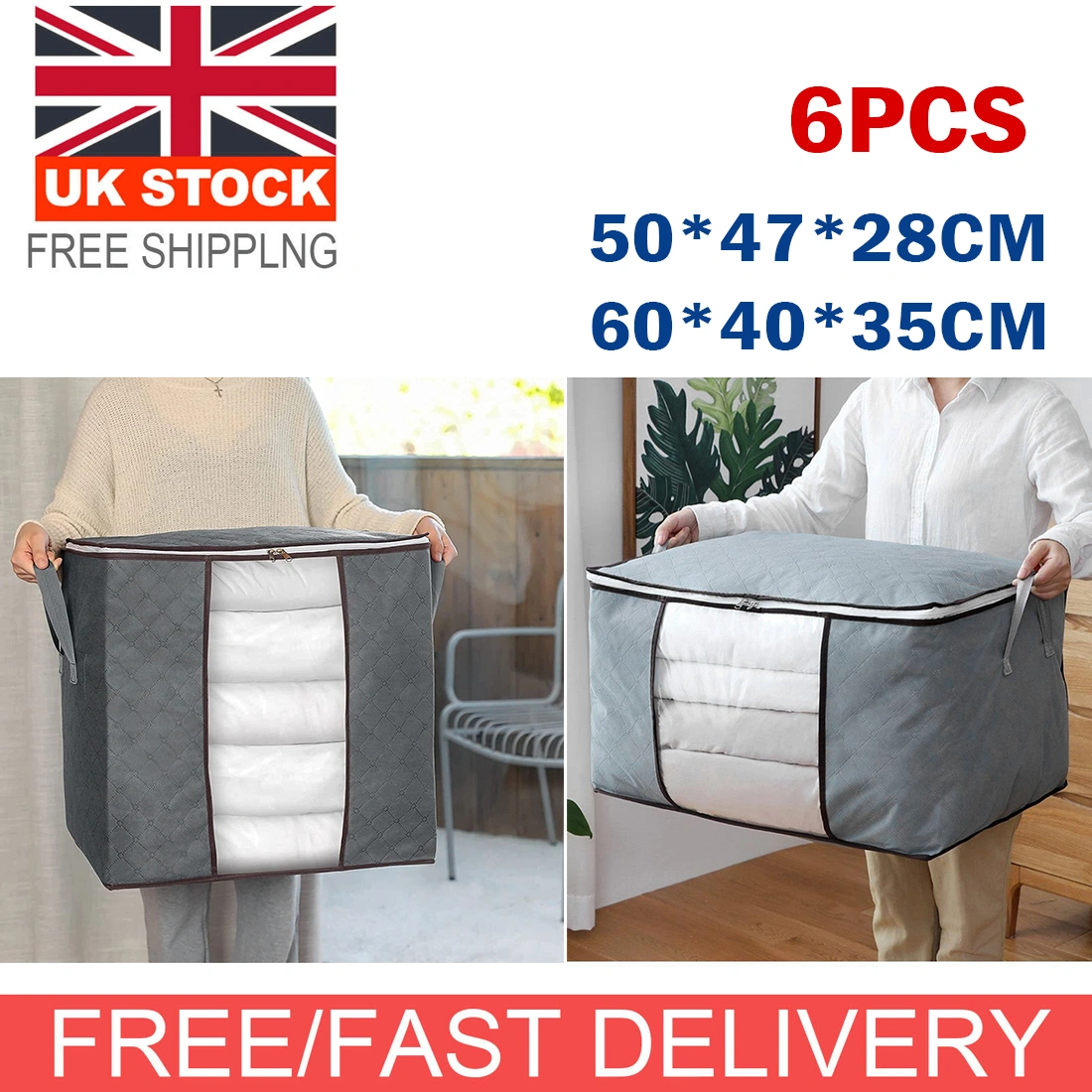 6 Pack 90L Zippered Storage Bags 50x47x28cm for Clothes Bedding Toys Moving Packing Vertical view 2