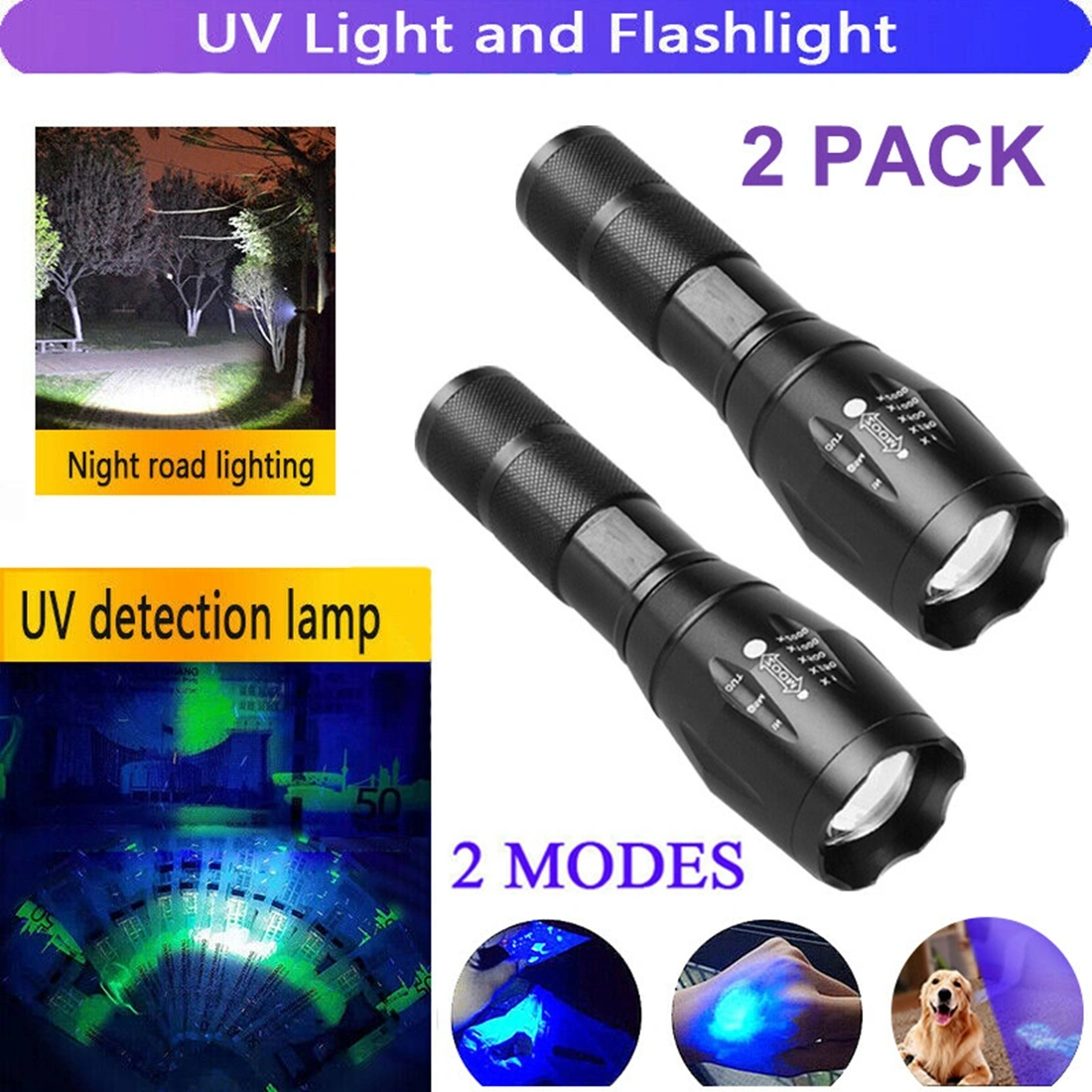 2 Pack 2-in-1 LED Flashlight UV + White Zoomable Detection Lamp Multi-Function Torch US Shipping