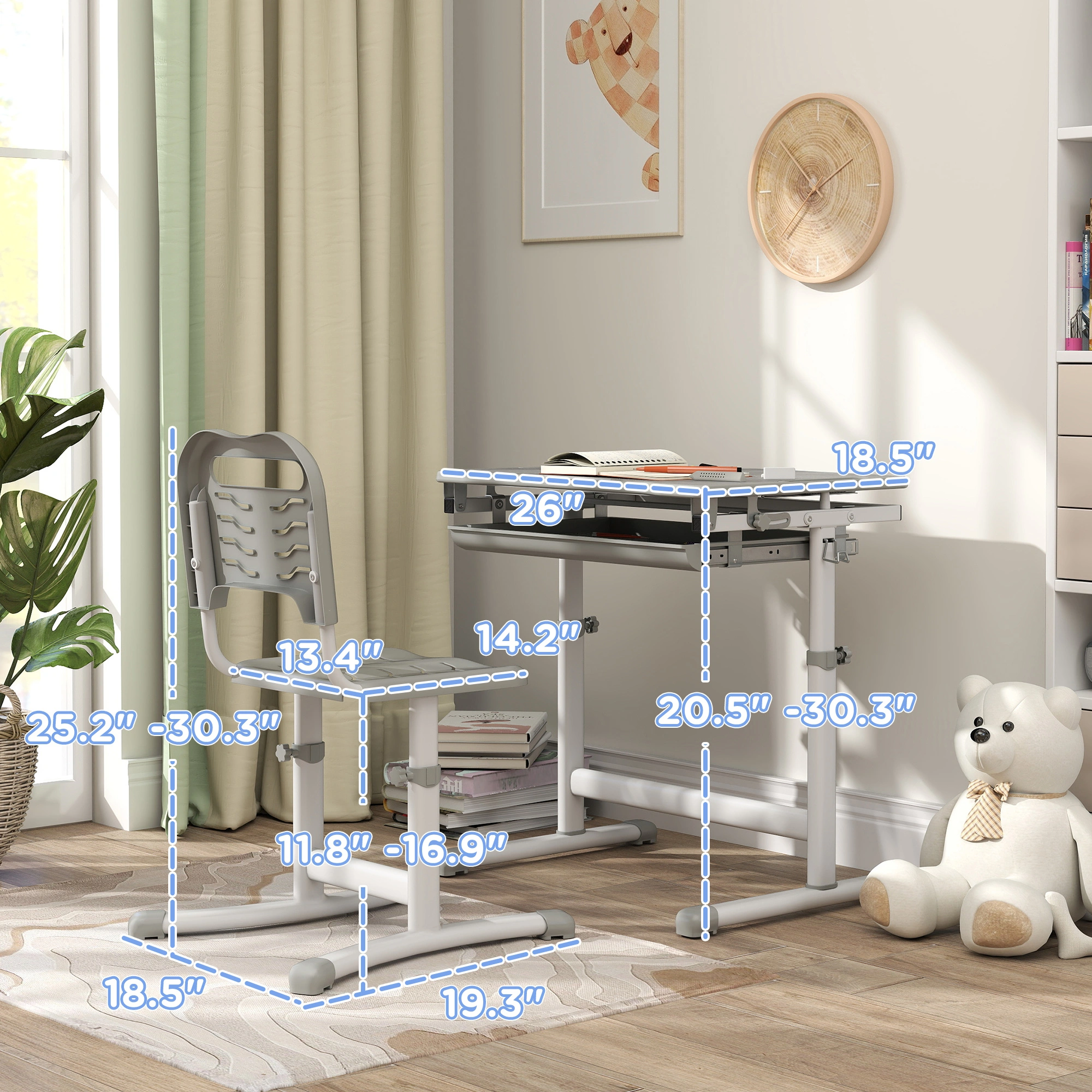 Kids Desk and Chair Set 3-Piece, Adjustable Height Children Study Table & Seat, Modern Wood Play Writing Desk for Bedroom/Classroom, Multicolor view 2