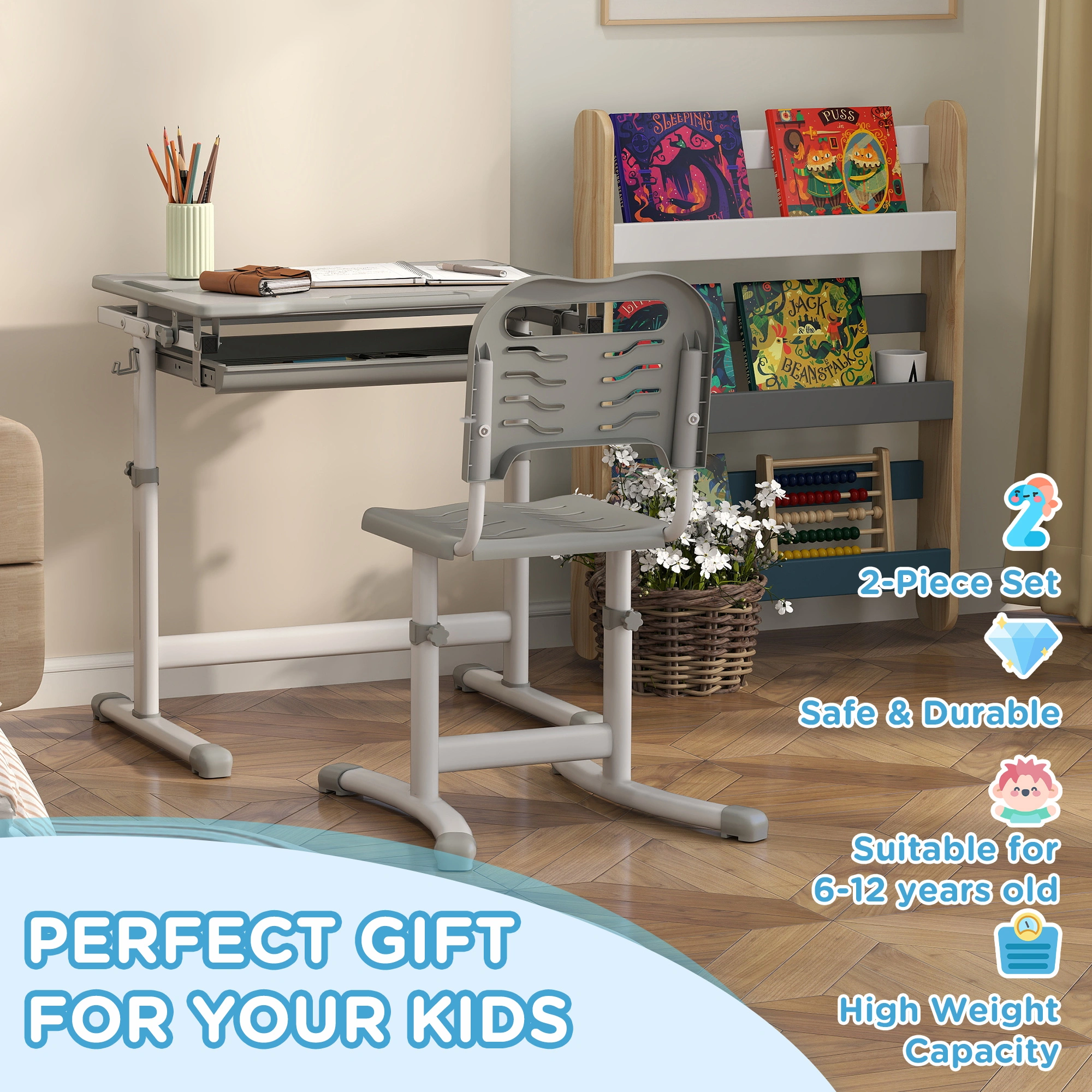 Kids Desk and Chair Set 3-Piece, Adjustable Height Children Study Table & Seat, Modern Wood Play Writing Desk for Bedroom/Classroom, Multicolor view 3