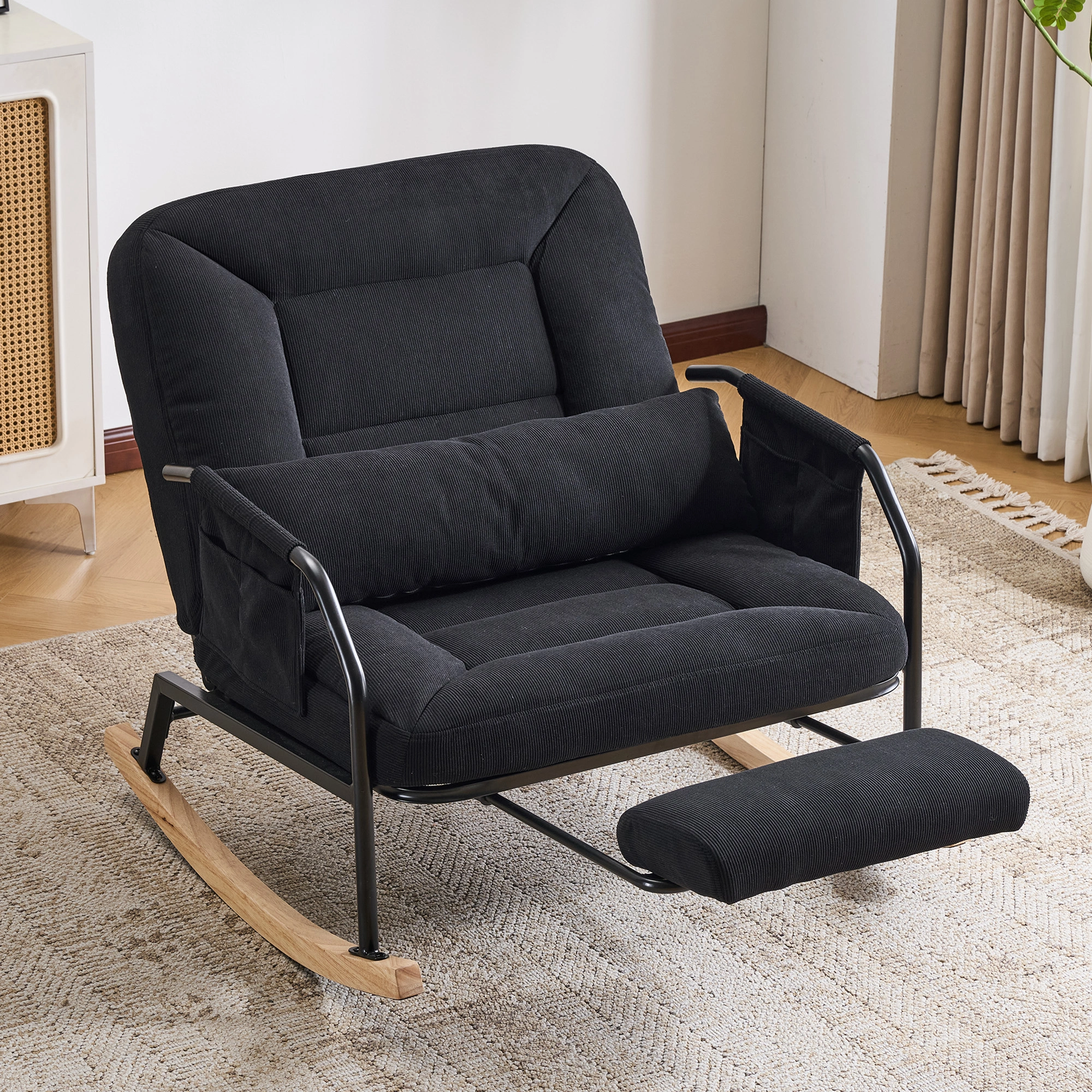 Oversized Rocking Chair Glider Patio Rocker Chairs with Foot Rest, Padded Cushion, Adjustable Backrest, Mental Wooden Farm,Indoor/Outdoor Living Room Bedroom Balcony Porch, Corduroy,Black