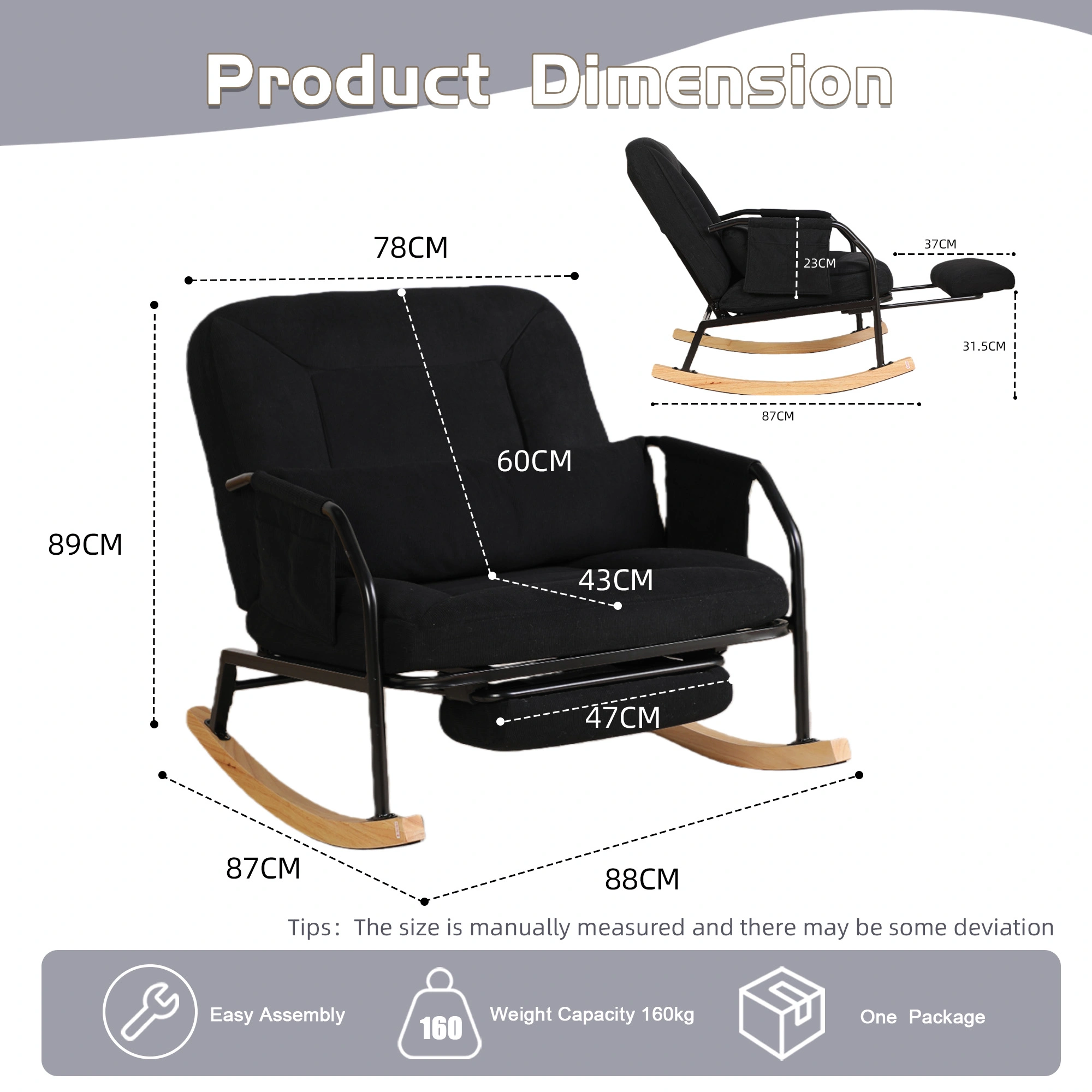 Oversized Rocking Chair Glider Patio Rocker Chairs with Foot Rest, Padded Cushion, Adjustable Backrest, Mental Wooden Farm,Indoor/Outdoor Living Room Bedroom Balcony Porch, Corduroy,Black view 2
