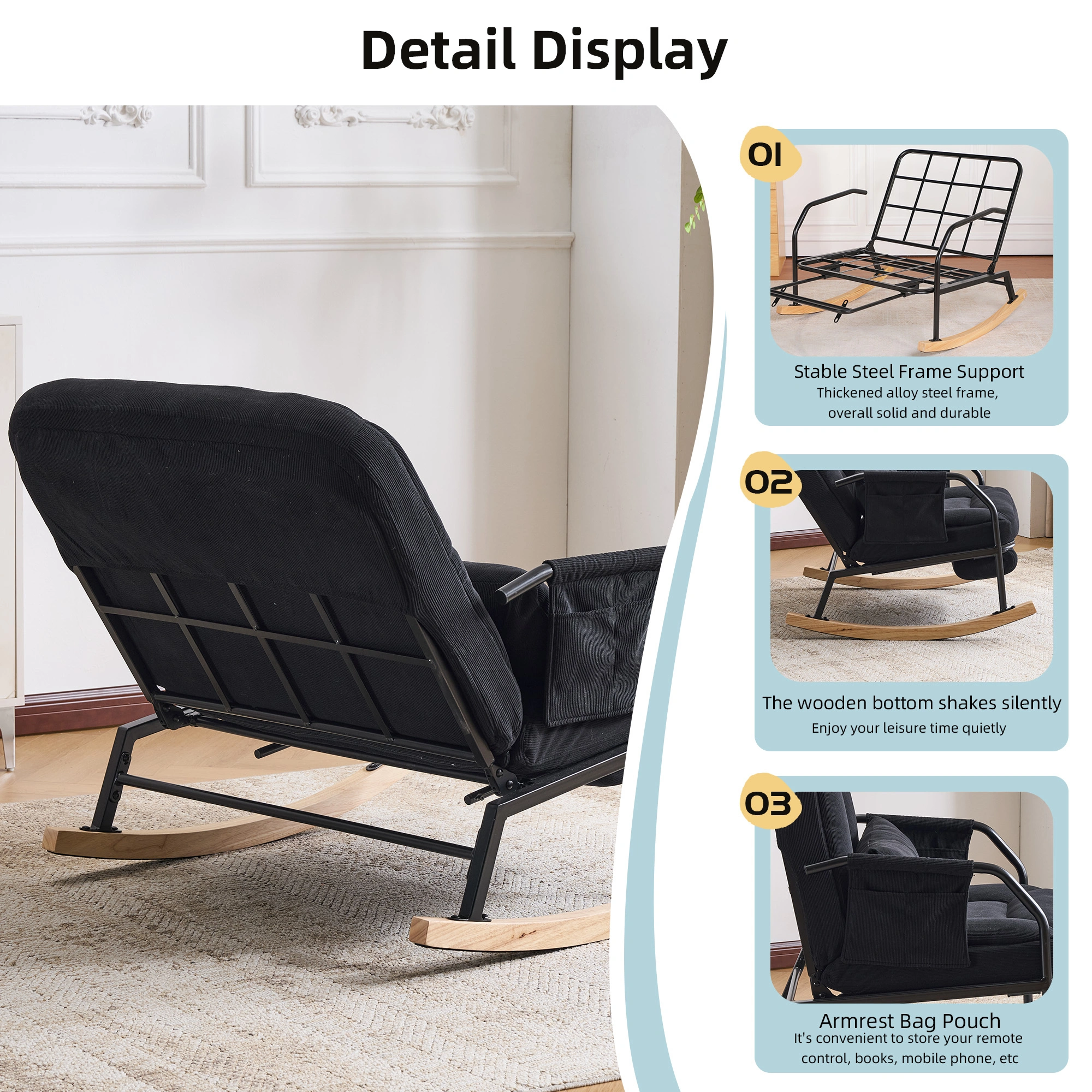 Oversized Rocking Chair Glider Patio Rocker Chairs with Foot Rest, Padded Cushion, Adjustable Backrest, Mental Wooden Farm,Indoor/Outdoor Living Room Bedroom Balcony Porch, Corduroy,Black view 4