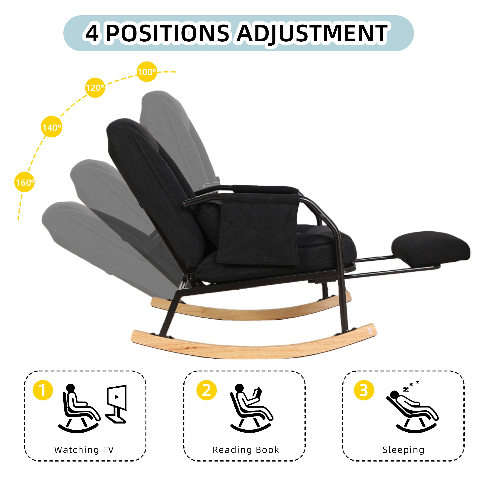 Oversized Rocking Chair Glider Patio Rocker Chairs with Foot Rest, Padded Cushion, Adjustable Backrest, Mental Wooden Farm,Indoor/Outdoor Living Room Bedroom Balcony Porch, Corduroy,Black view 5