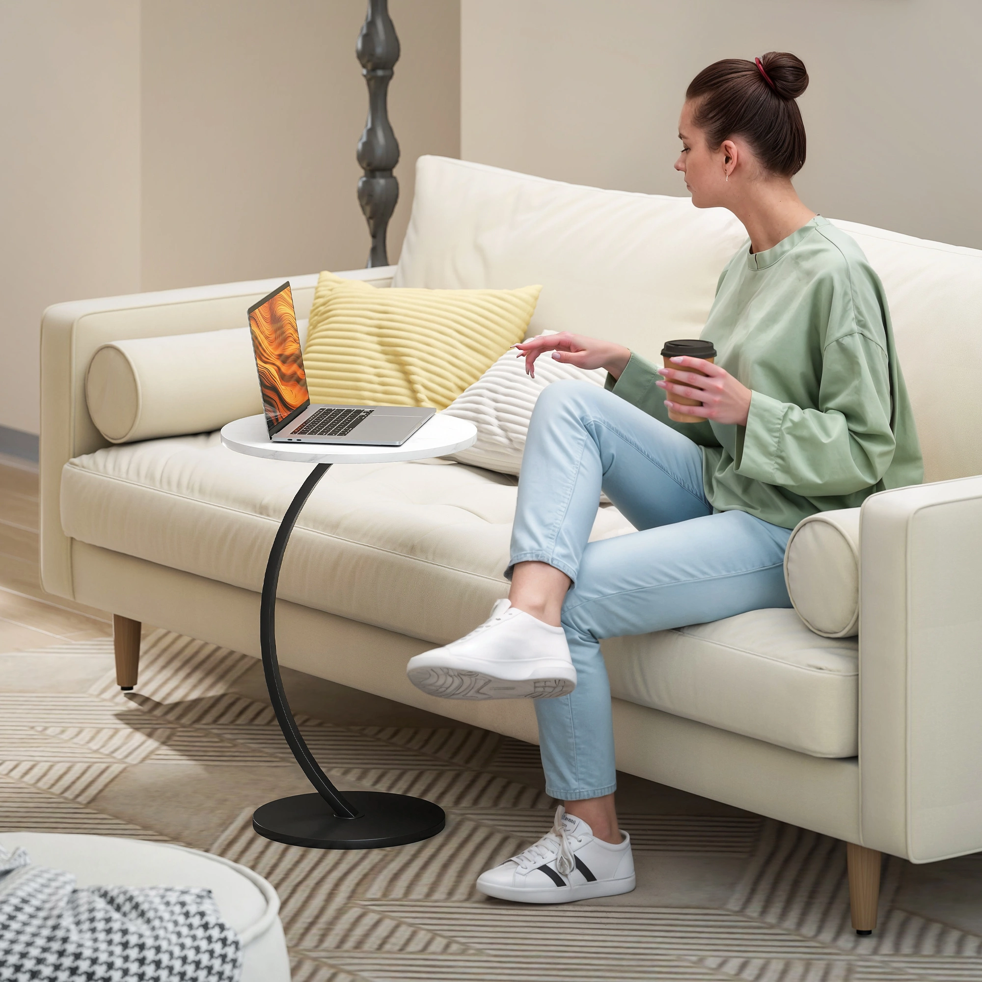 Modern Rattan Coffee Table with Storage Shelf, Woven Accent Side Table for Living Room Indoor Outdoor view 4