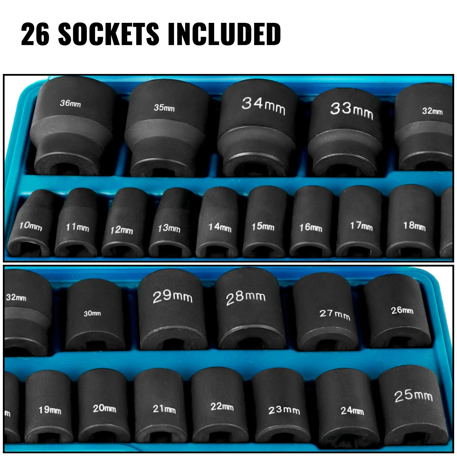 26-Piece 1/2 Drive Metric Impact Socket Set, 12-Point Shallow Box End Sockets for Automotive & Mechanics view 2