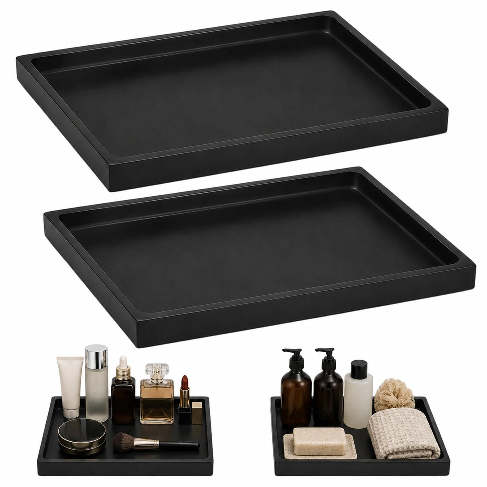 2 Pack Black Silicone Bathroom Tray Rectangular 20x10cm, Bath Shelf Tray for Bathtub, Kitchen Sink, Vanity, Decor