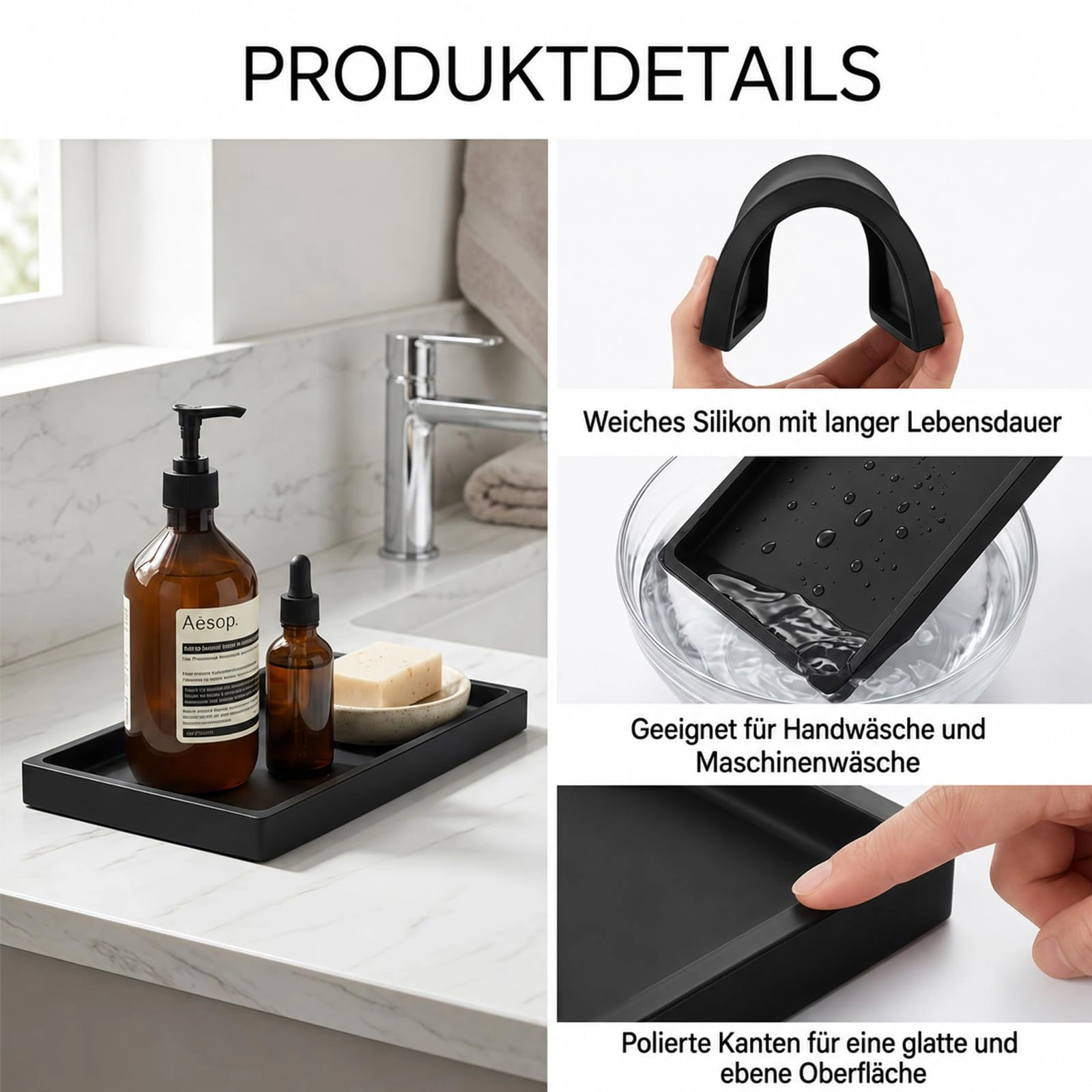 2 Pack Black Silicone Bathroom Tray Rectangular 20x10cm, Bath Shelf Tray for Bathtub, Kitchen Sink, Vanity, Decor view 3
