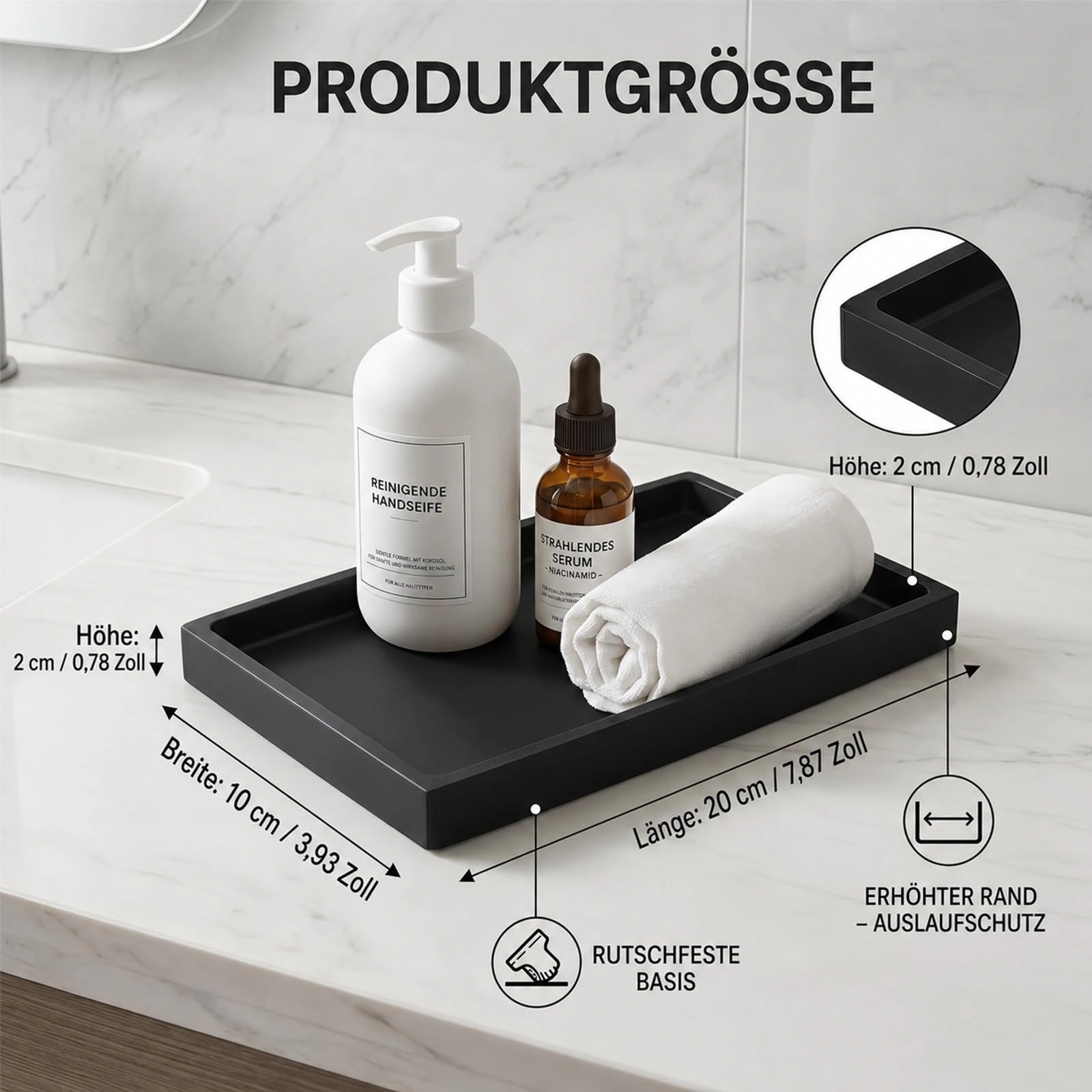 2 Pack Black Silicone Bathroom Tray Rectangular 20x10cm, Bath Shelf Tray for Bathtub, Kitchen Sink, Vanity, Decor view 4